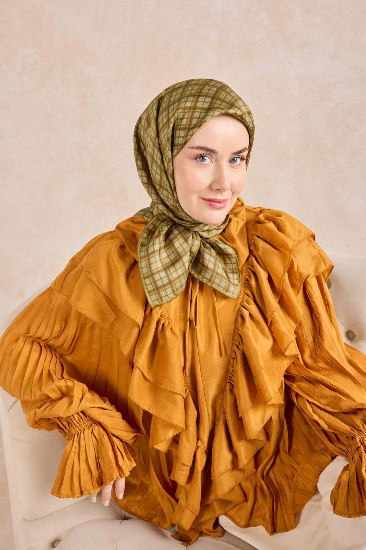 Twill İpek Eşarp Ekose Yeşil Bej