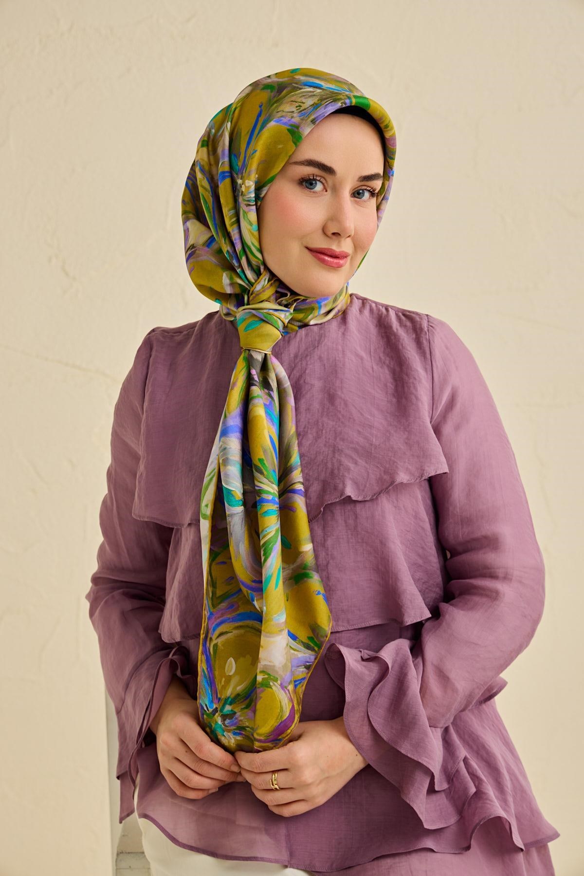 Twill İpek Eşarp Floral Art Desen Bej 90x90