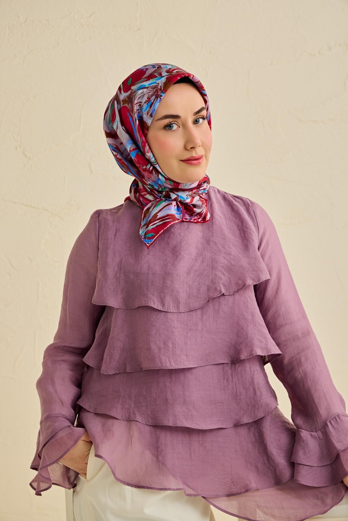 Twill İpek Eşarp Floral Art Desen Bordo 90x90