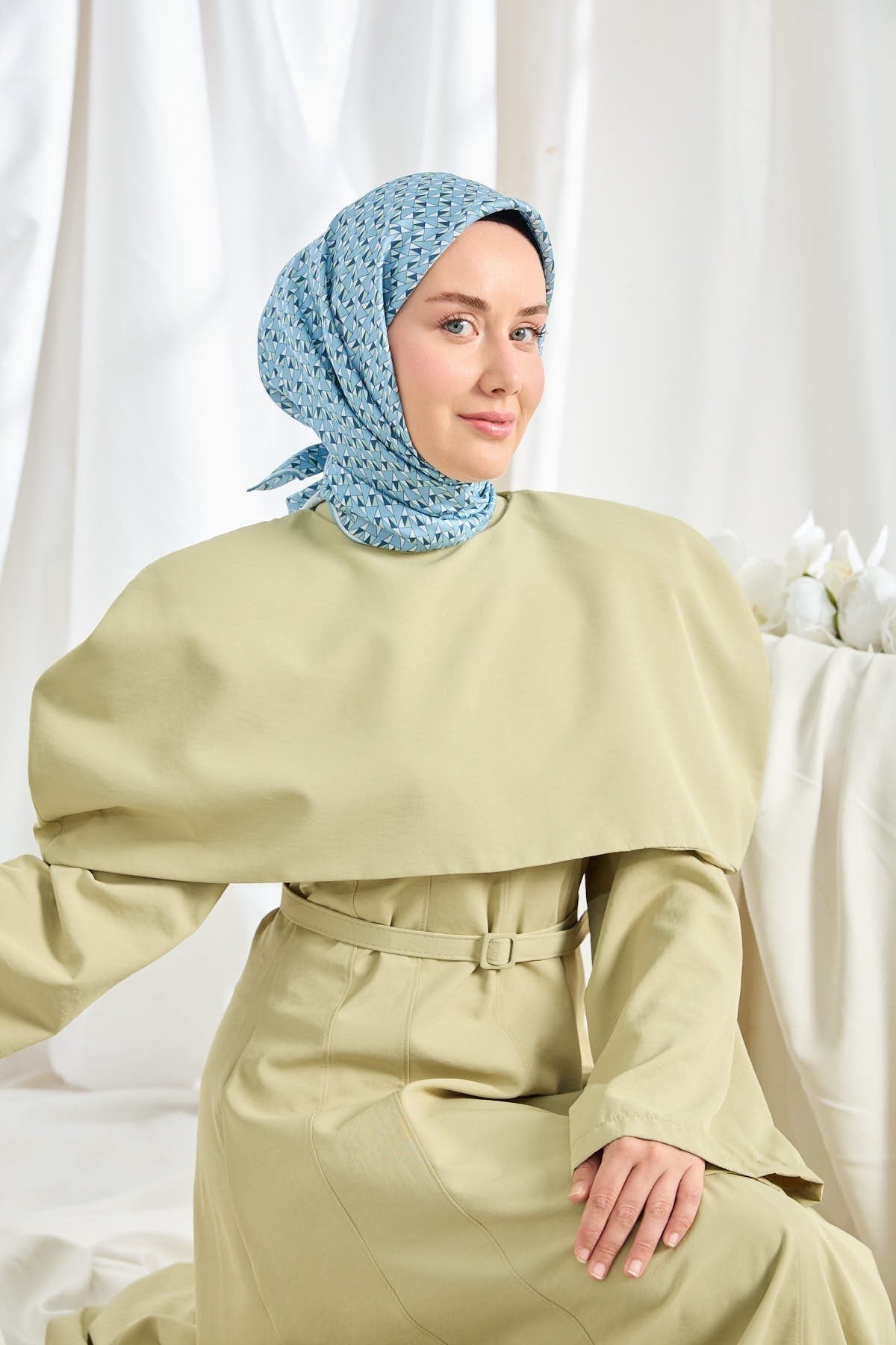 Twill İpek Eşarp Geometric Pattern Mavi