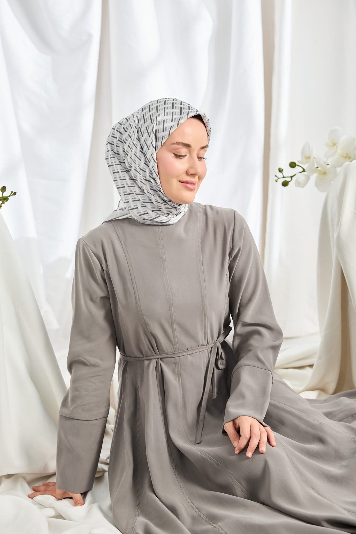 Twill İpek Eşarp Geometrik Gümüş