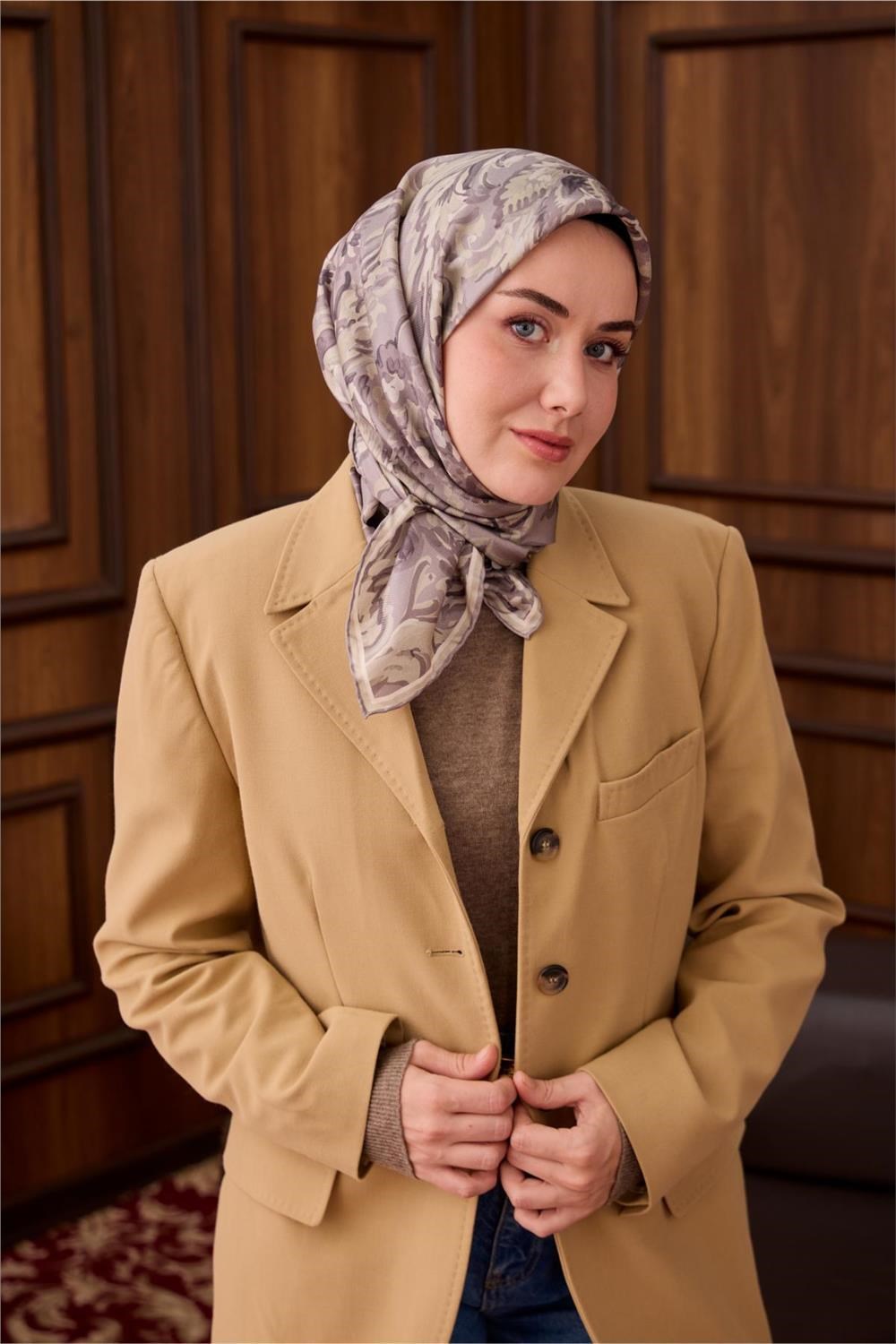 Twill İpek Eşarp Gri-Füme Desenli Tok Duruşlu 90x90