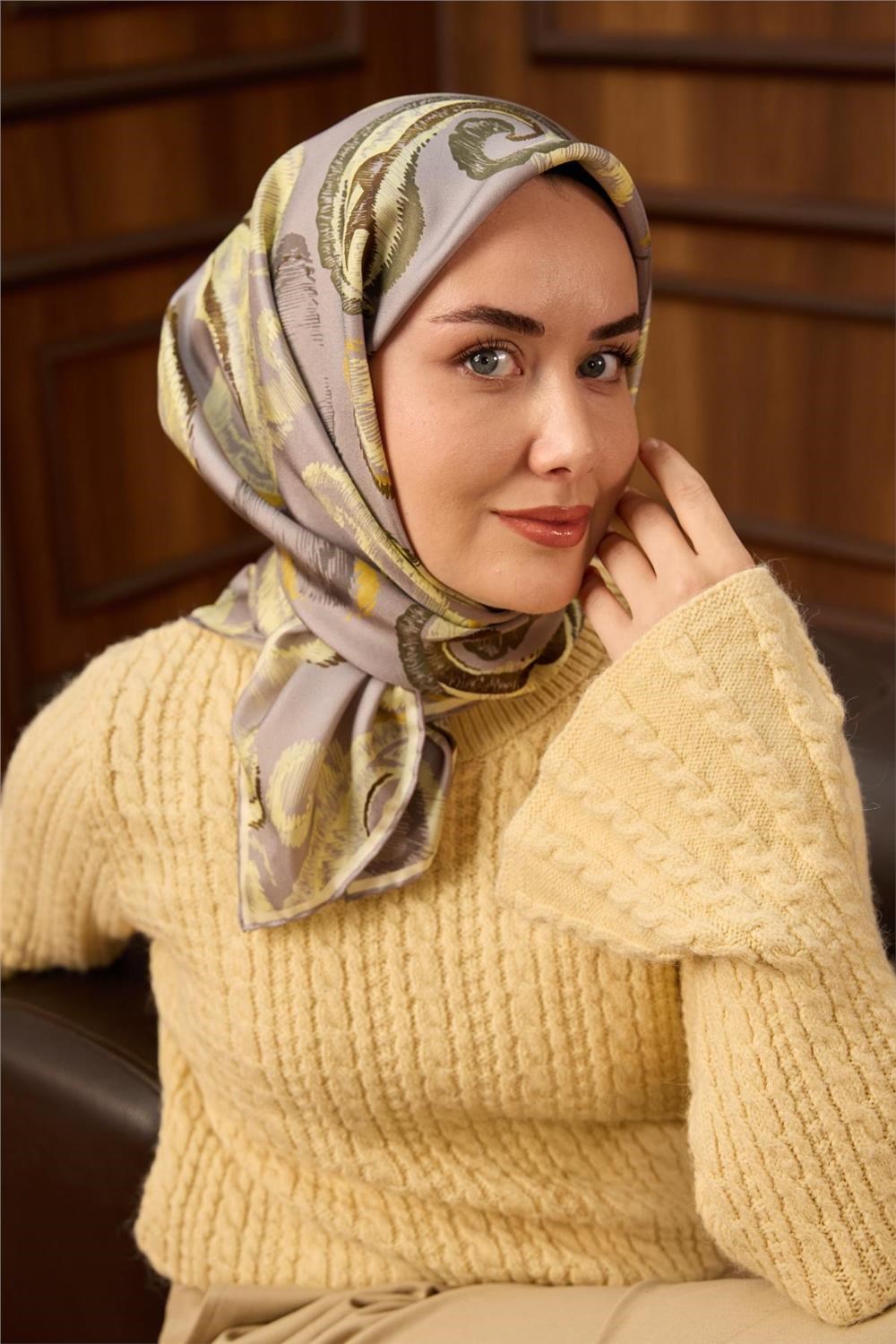 Twill İpek Eşarp Gümüş-Butter Yellow Desenli Tok Duruşlu 90x90