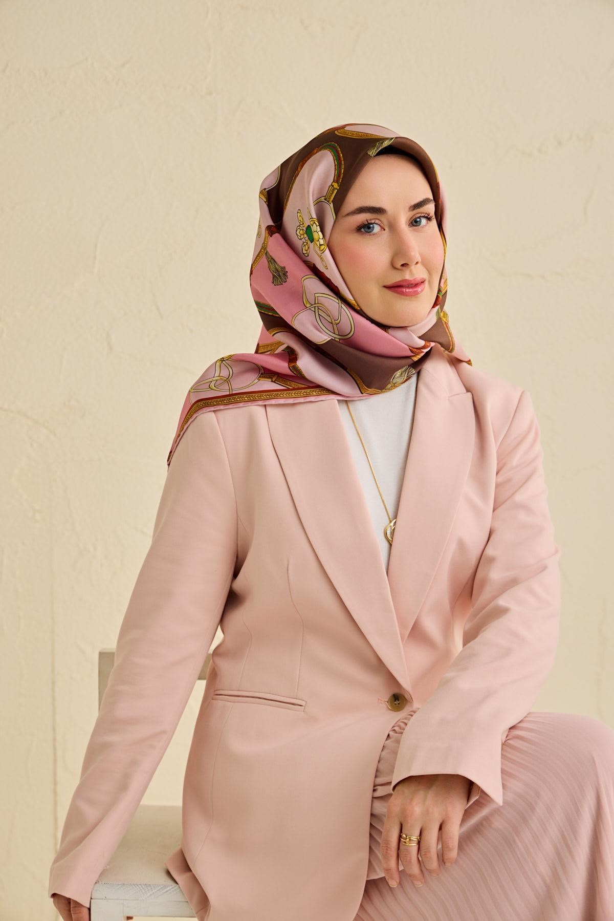 Twill İpek Eşarp Kemer Desen Pembe 90x90