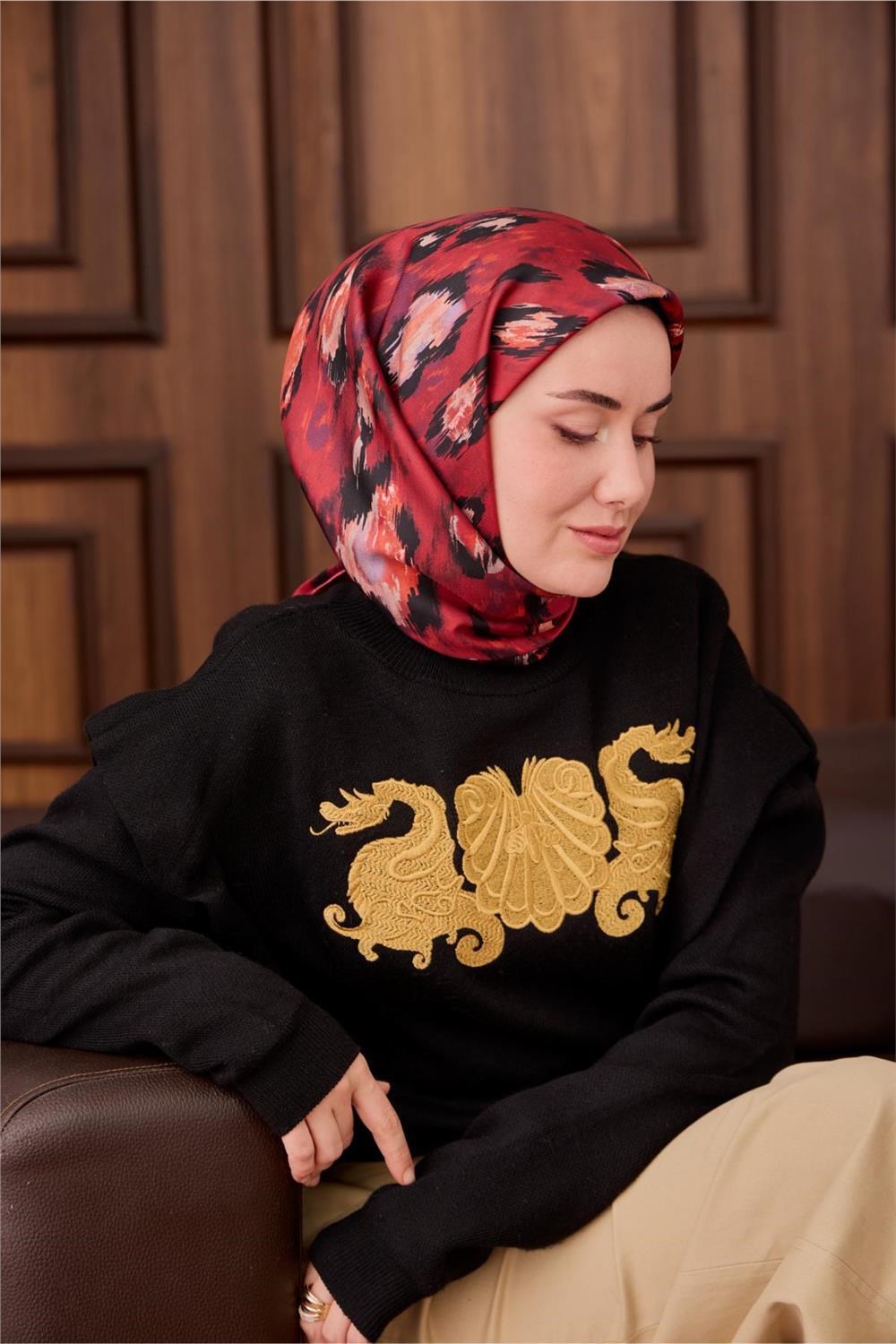 Twill İpek Eşarp Kırmızı-Siyah Desenli Tok Duruşlu 90x90