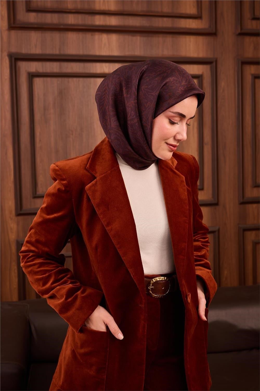 Twill İpek Eşarp Koyu Bordo-Tarçın Çiçek Desenli Tok Duruşlu Kaymaz 90x90