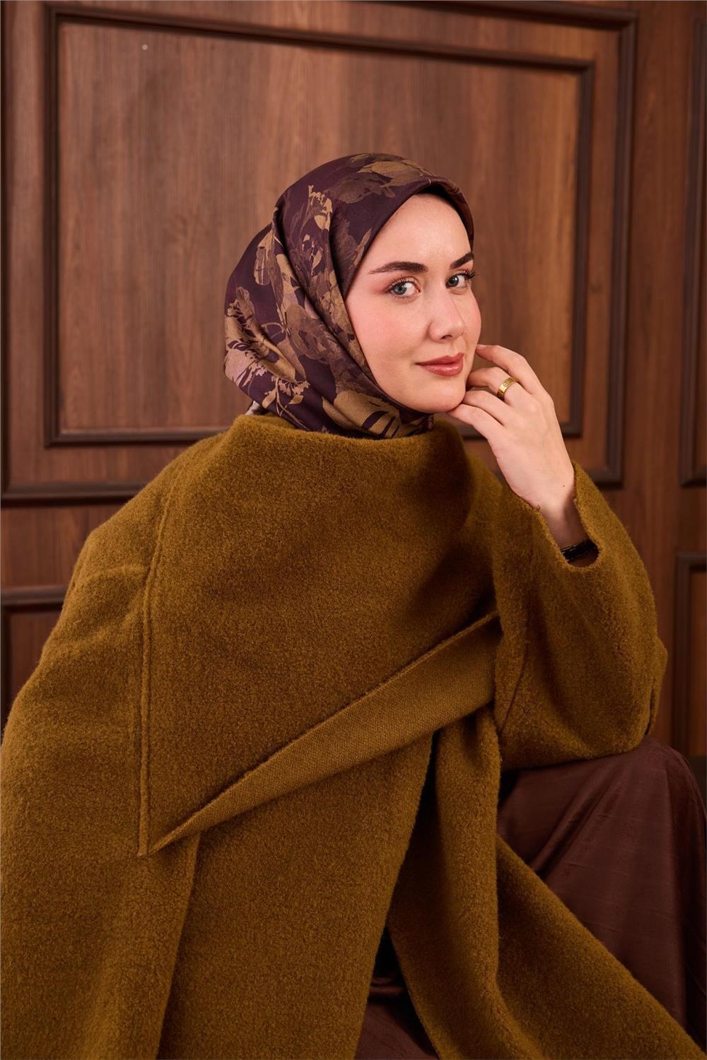 Twill İpek Eşarp Koyu Bordo-Vizon Çiçek Desenli Tok Formlu Kaymaz 90x90