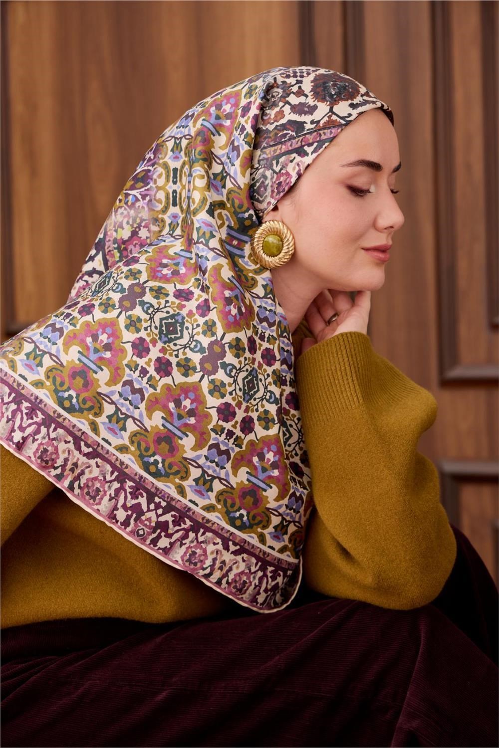 Twill İpek Eşarp Koyu Mor-Bebe Mavi Desenli Tok Duruşlu 90x90