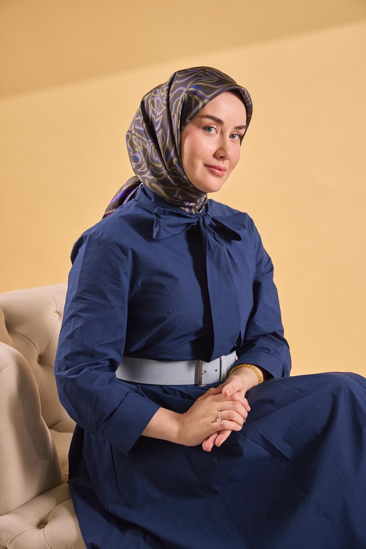 Twill İpek Eşarp Line Koyu Haki