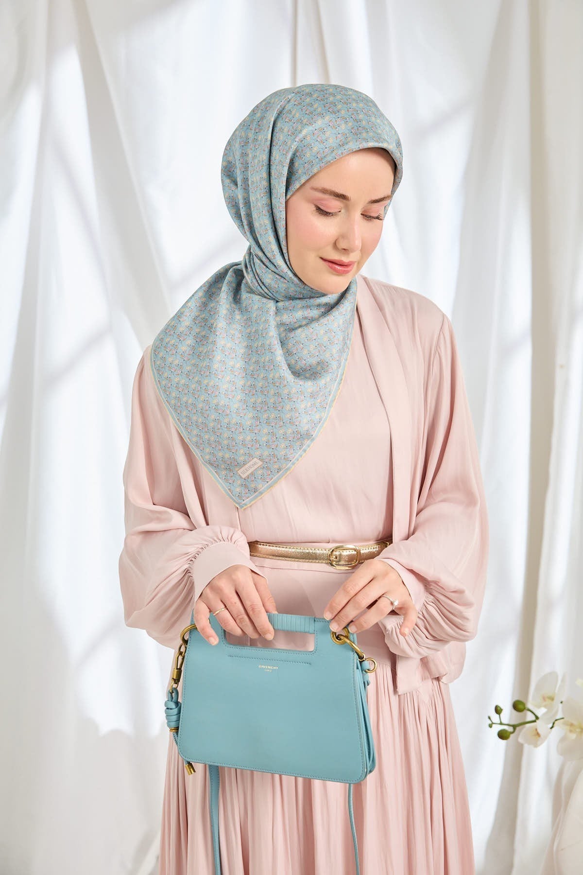 Twill İpek Eşarp Mini Bouquet Bebe Mavi