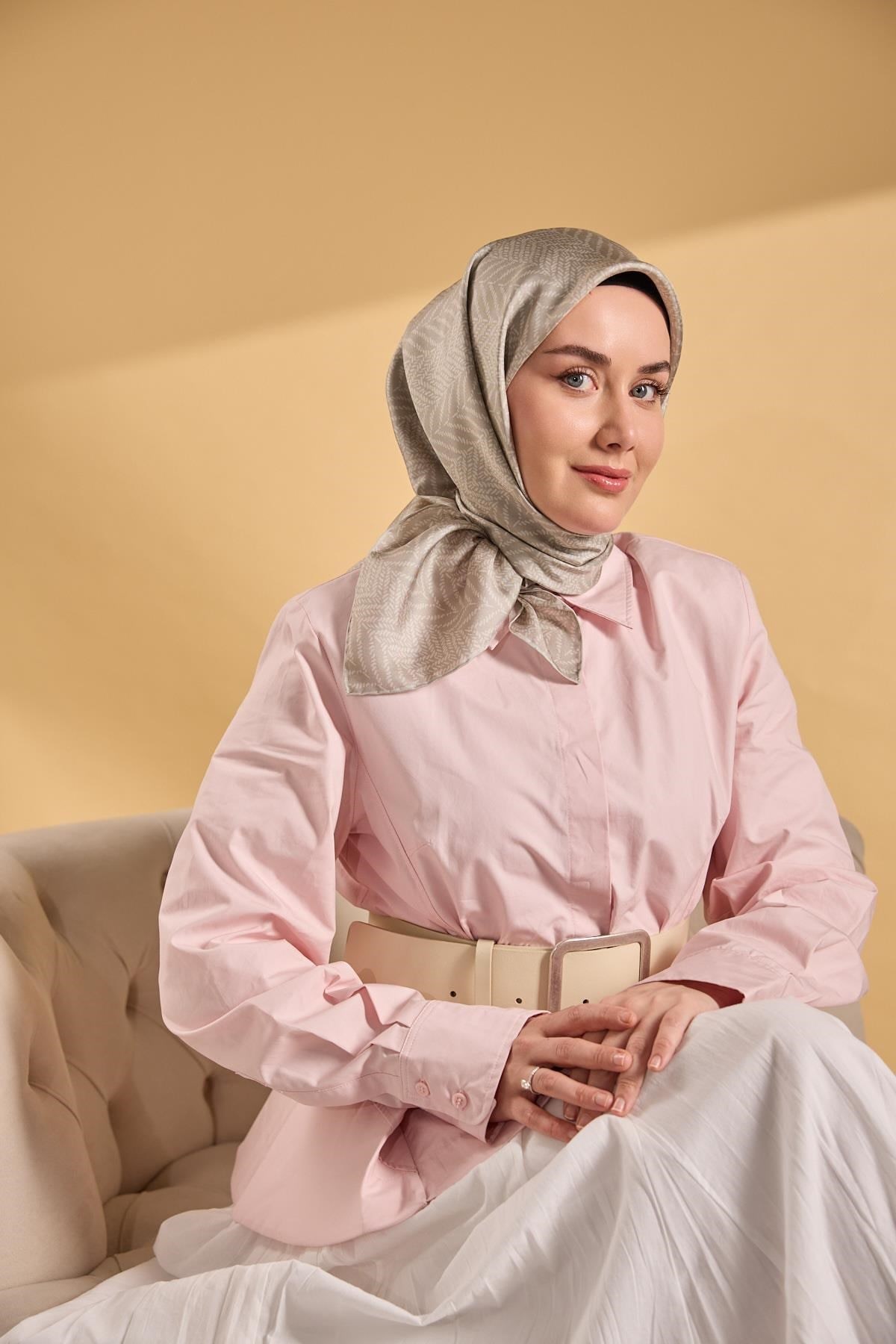 Twill İpek Eşarp Minimal Desen Gri 90x90