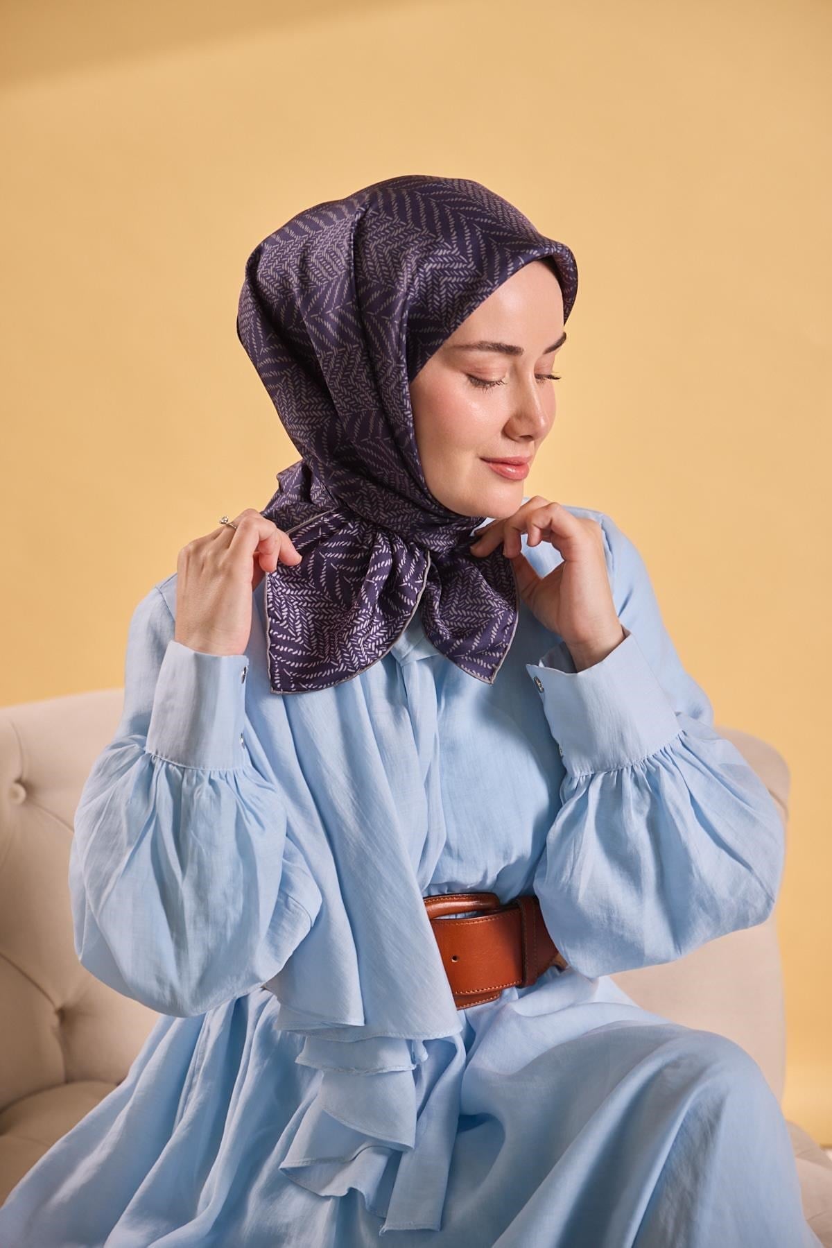 Twill İpek Eşarp Minimal Desen Koyu Mor 90x90