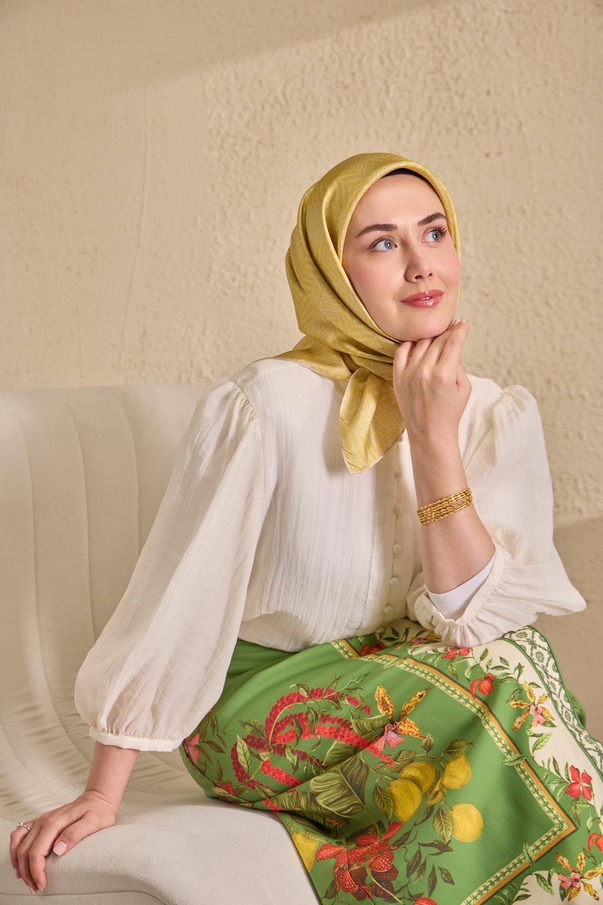 Twill İpek Eşarp Minimal Desen Sarı 90x90