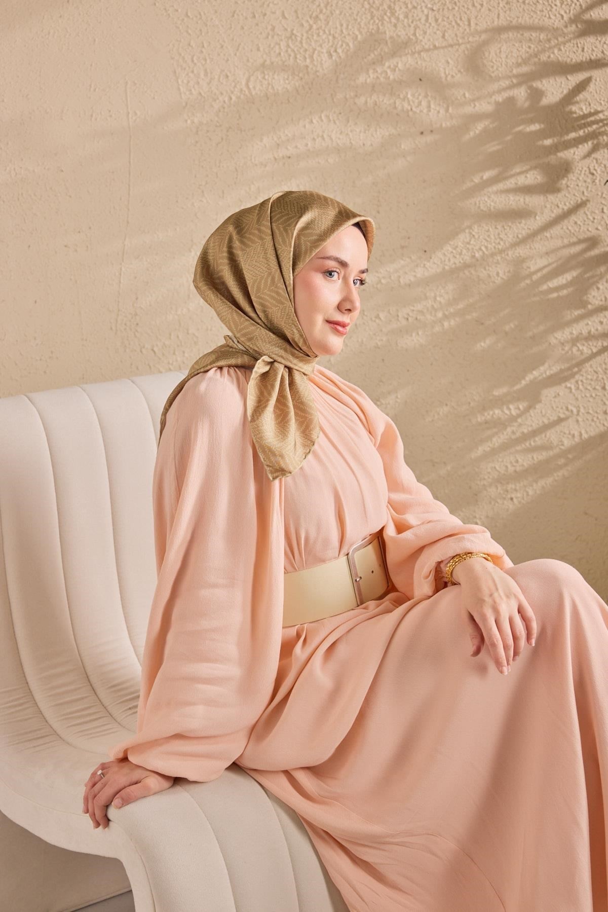 Twill İpek Eşarp Minimal Desen Yeşil Bej 90x90