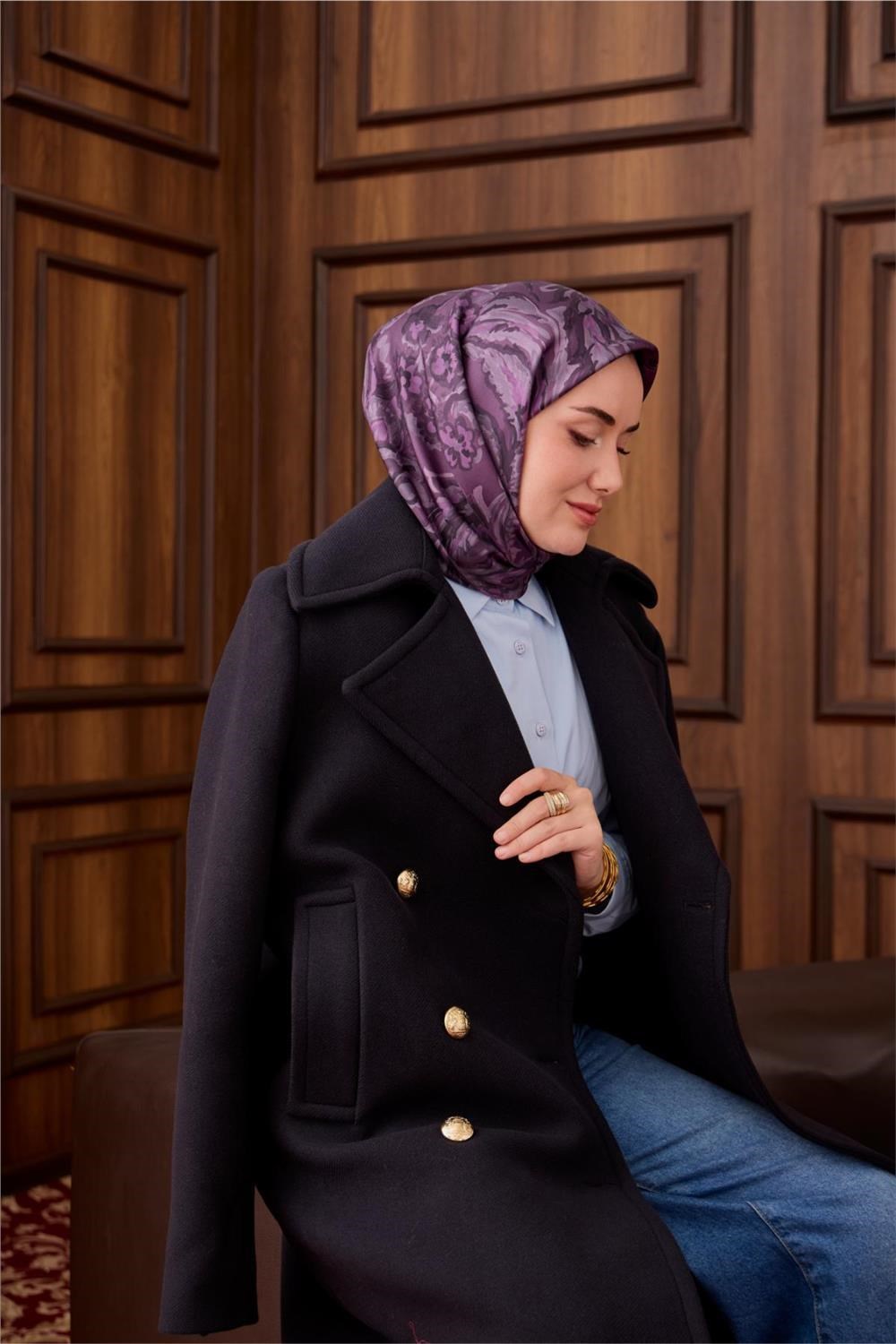 Twill İpek Eşarp Mürdüm-Pudra Desenli Tok Duruşlu 90x90