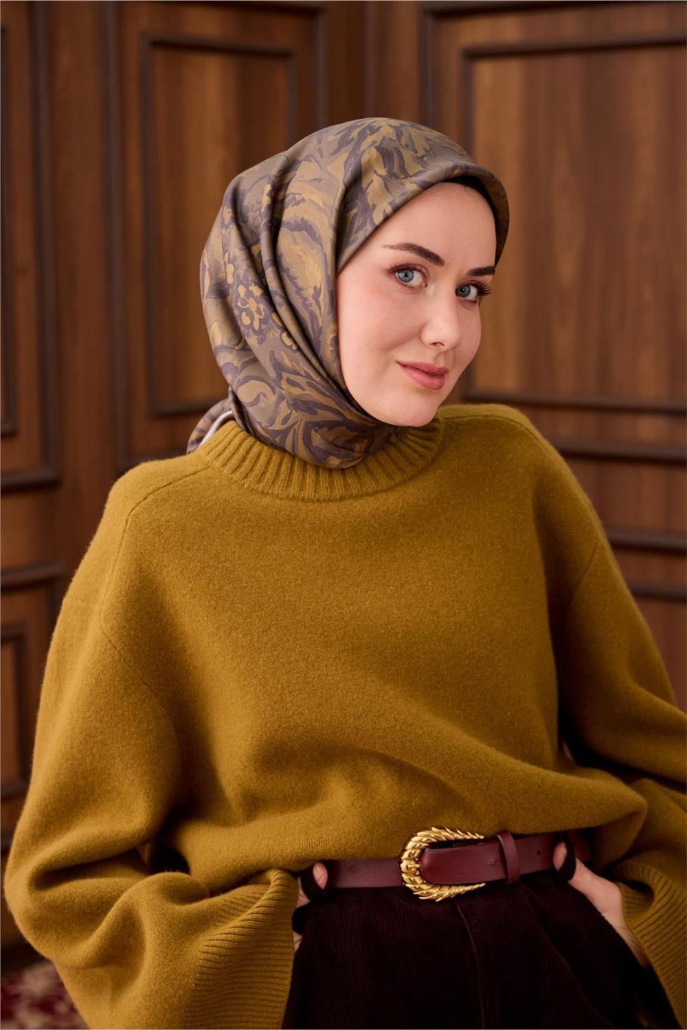Twill İpek Eşarp Olive-Haki Açık Kahve Desenli Tok Duruşlu 90x90