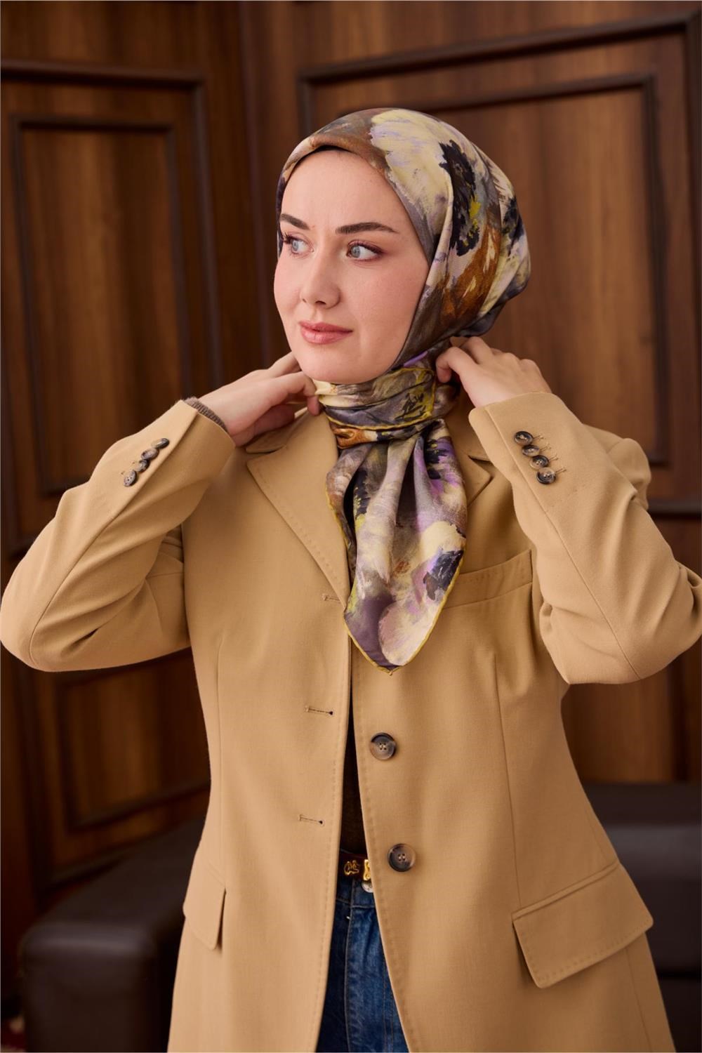 Twill İpek Eşarp Olive-Lila Desenli Tok Duruşlu 90x90
