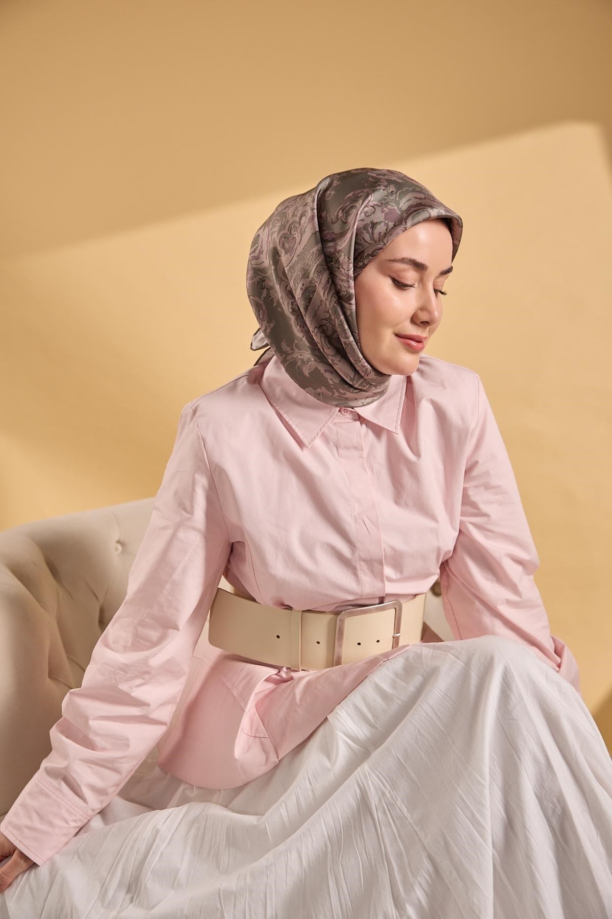 Twill İpek Eşarp Royale Şal Desen Yeşil Gri 90x90