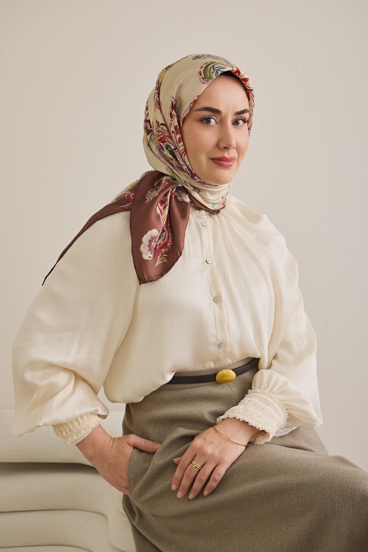 Twill İpek Eşarp Şal Desen Fildişi 90x90