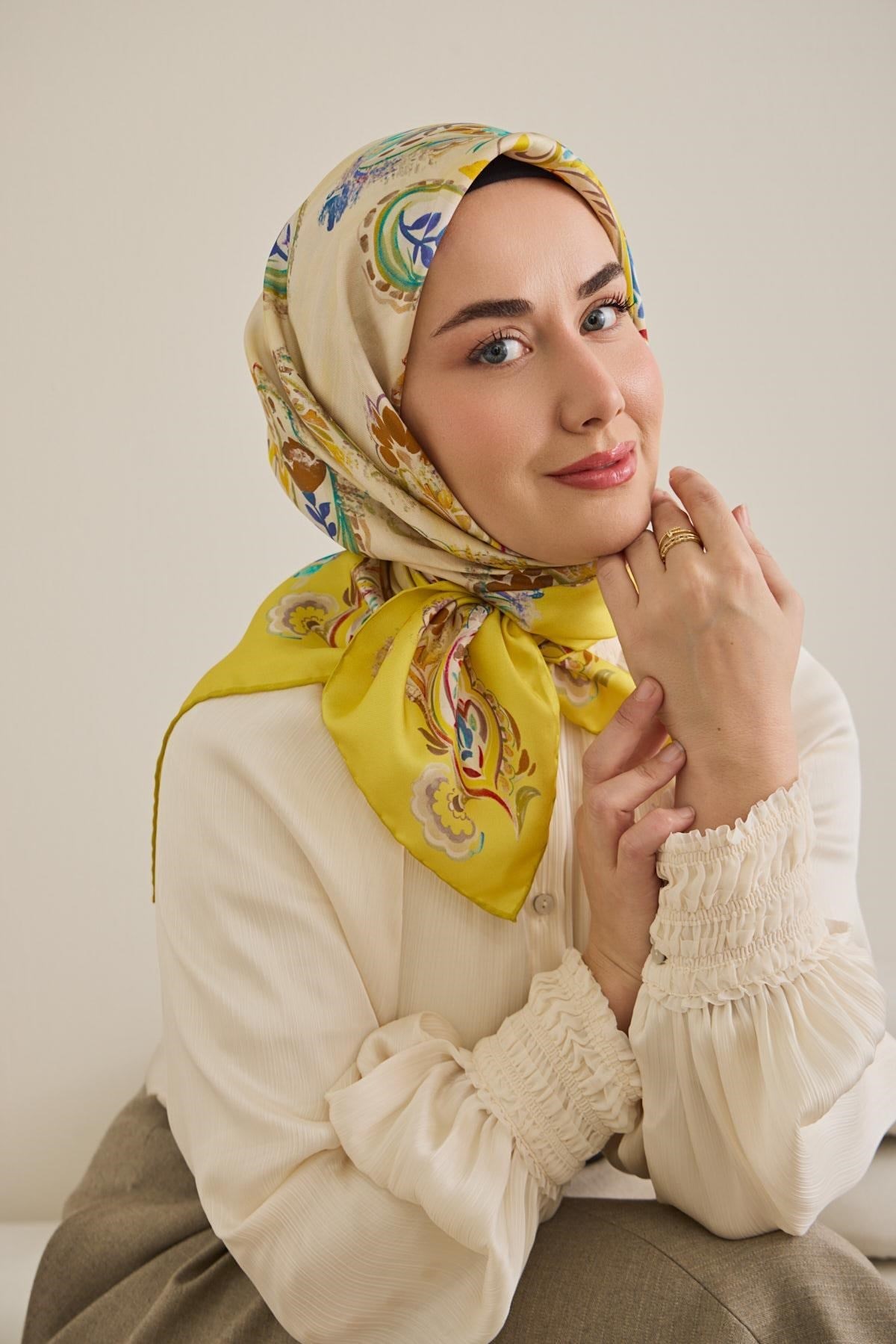 Twill İpek Eşarp Şal Desen Sarı 90x90