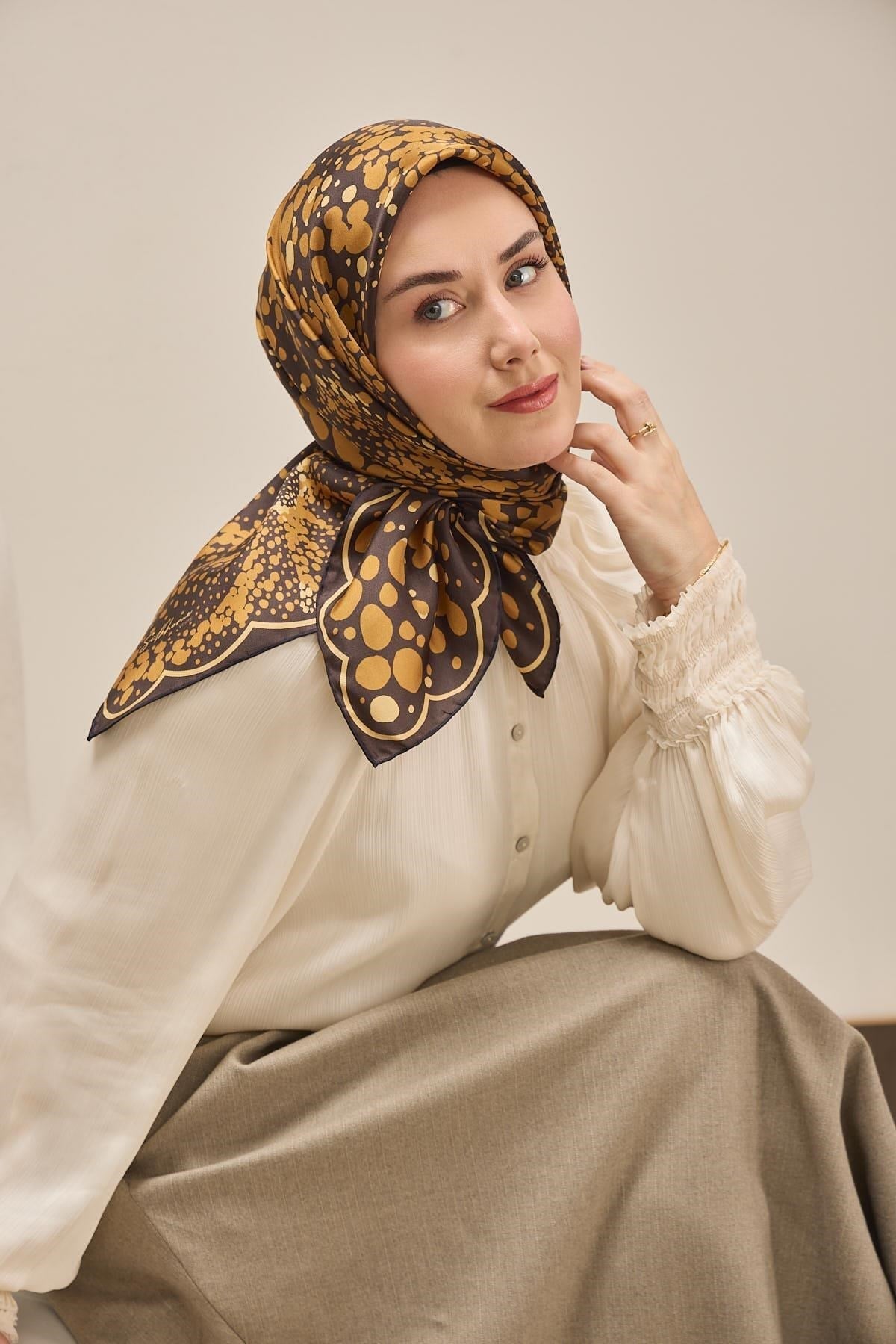 Twill İpek Eşarp Samanyolu Acı Kahve Turuncu 90x90