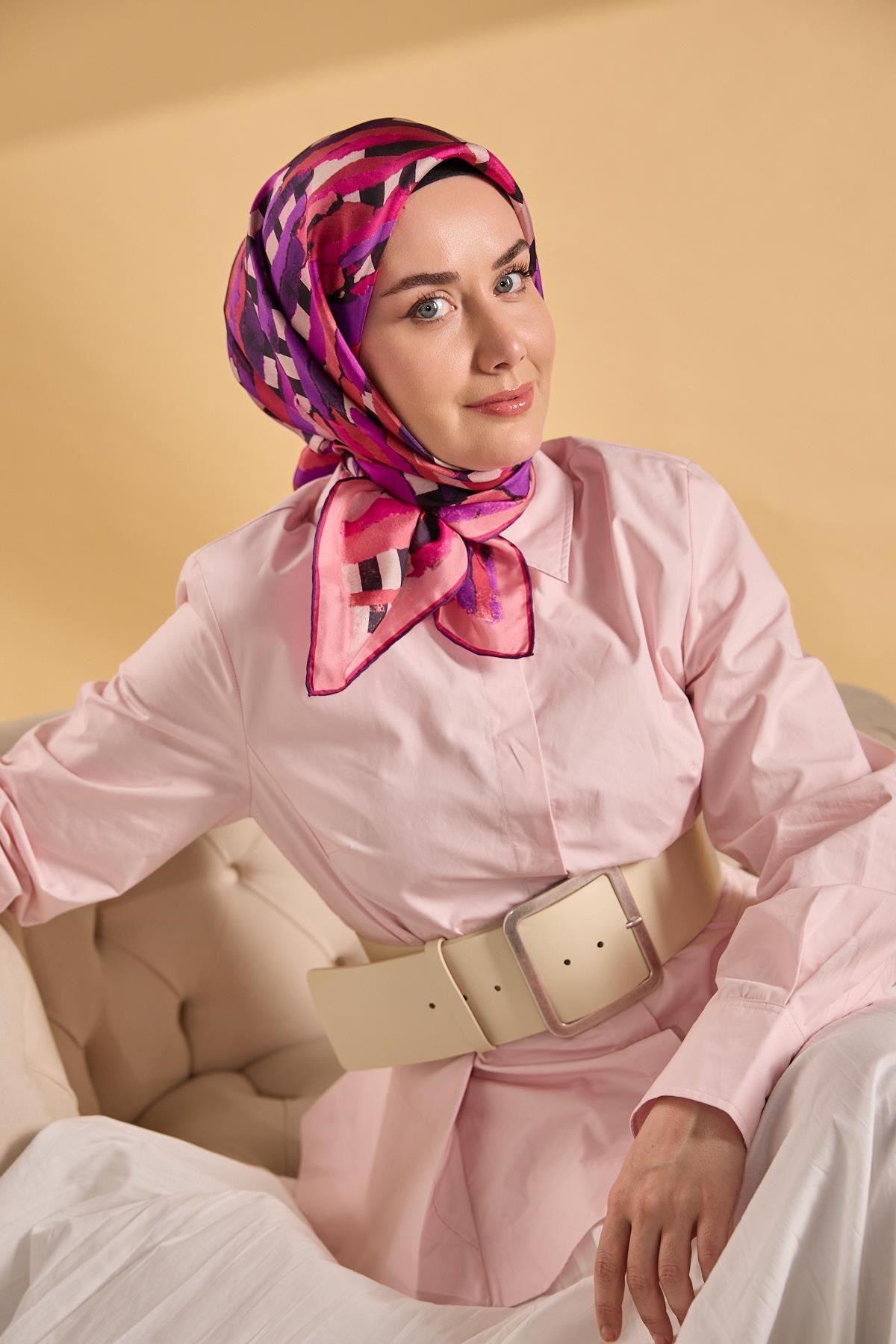 Twill İpek Eşarp Şerit Pembe