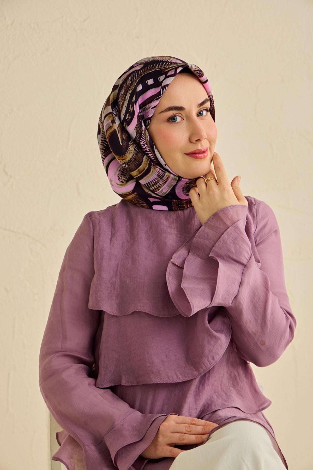Twill İpek Eşarp Soyut Desen Acı Kahve 90x90