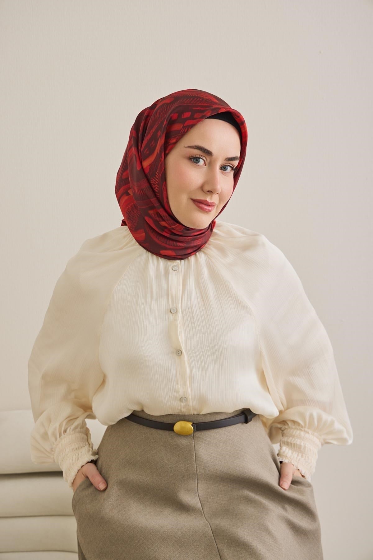 Twill İpek Eşarp Soyut Desen Kırmızı 90x90