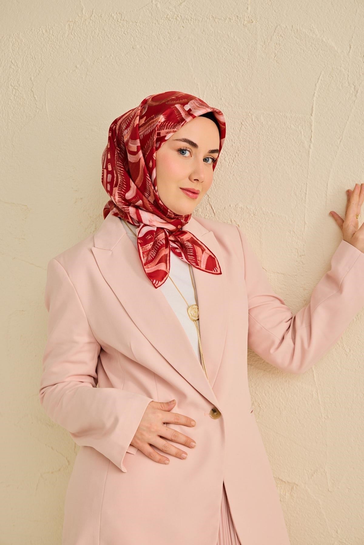 Twill İpek Eşarp Soyut Desen Koyu Kırmızı 90x90