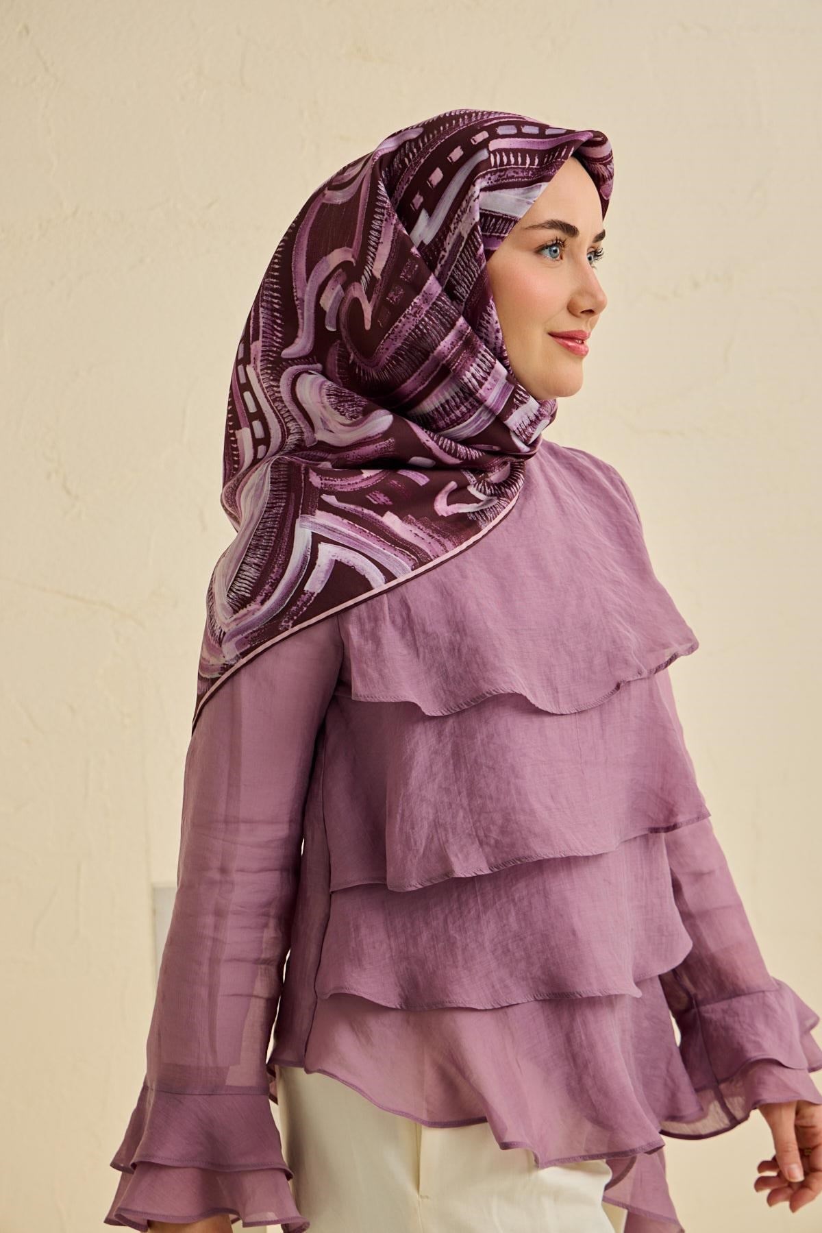 Twill İpek Eşarp Soyut Desen Mürdüm 90x90