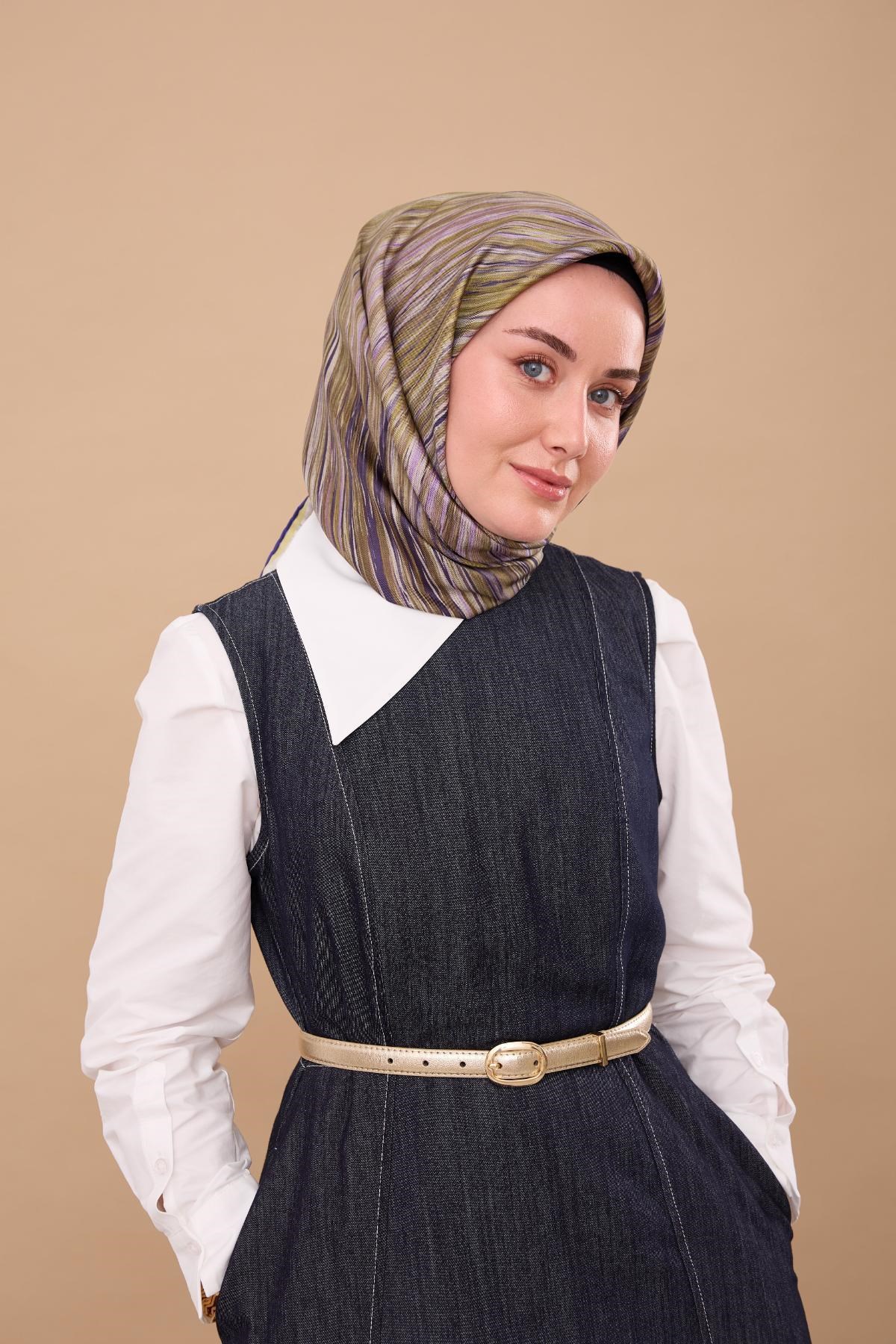 Twill İpek Eşarp Yağ Yeşili-Mor Tonlu Tok Duruşlu Kaymaz Kumaş 90x90