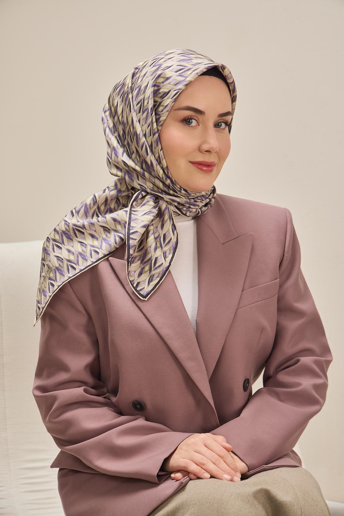 Twill İpek Eşarp Yaprak Ritmi Eflatun 90x90