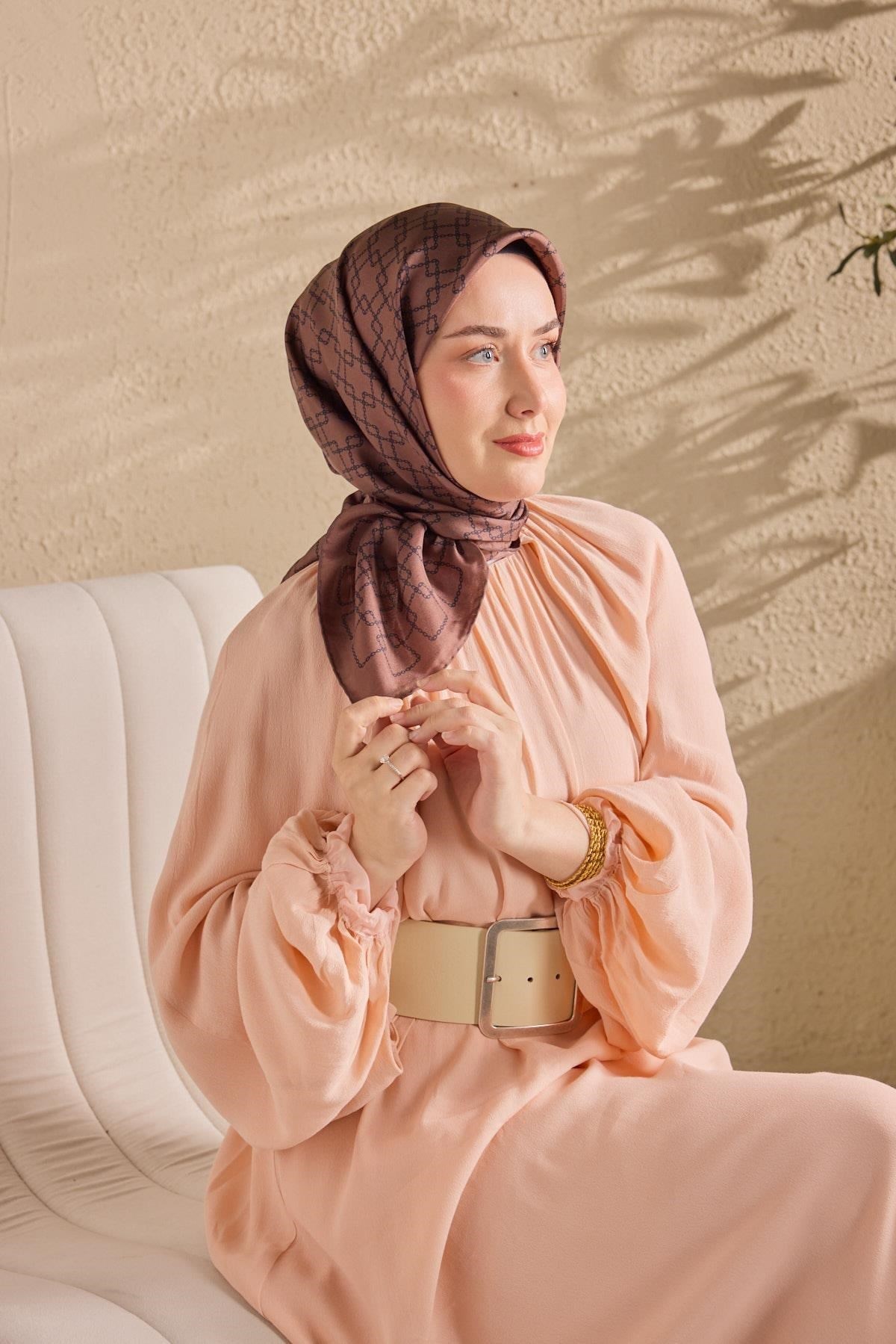 Twill İpek Eşarp Zincir Kahverengi
