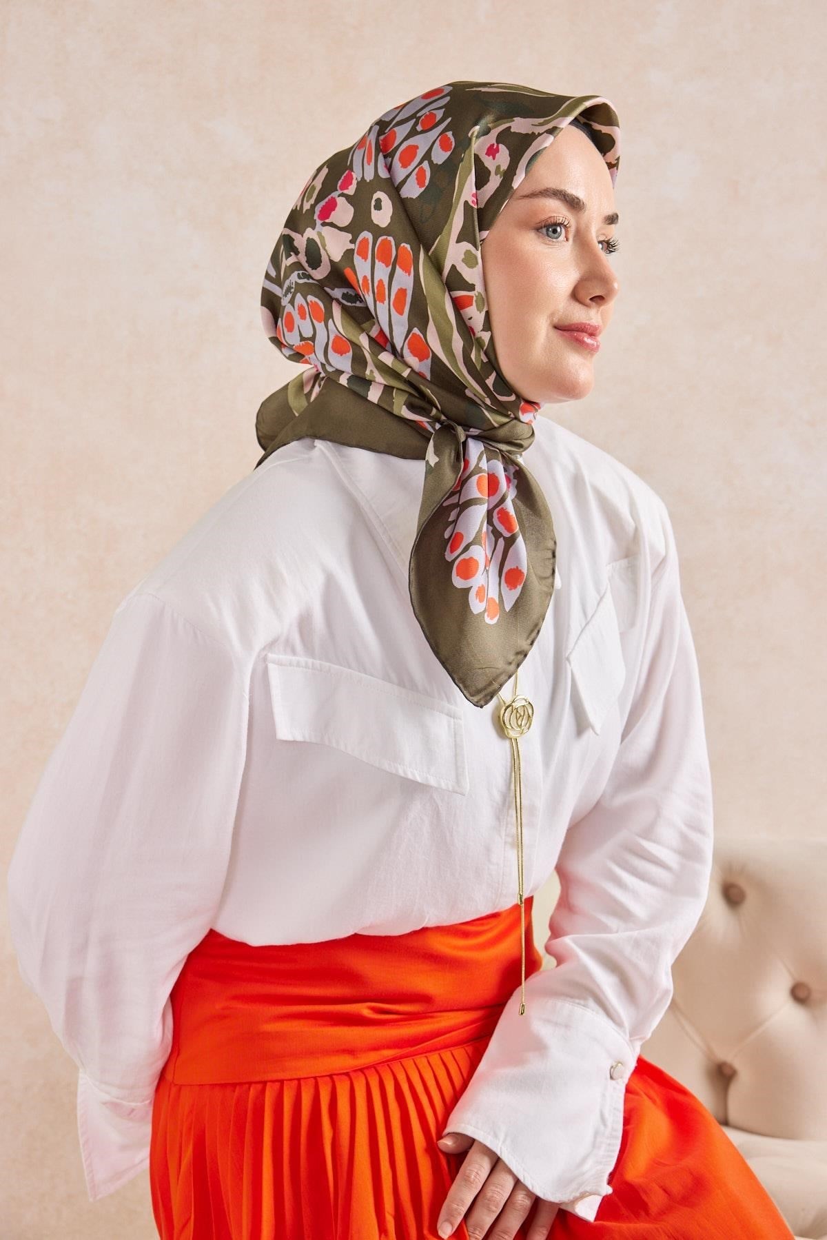 Twill İpek Mercan Eşarp Yeşil Kahve 90x90
