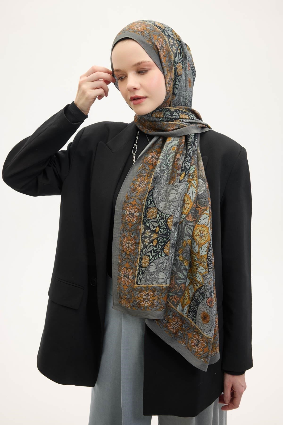Urban Hours Floral Motif Desen Gri Mayda Şal 190x70