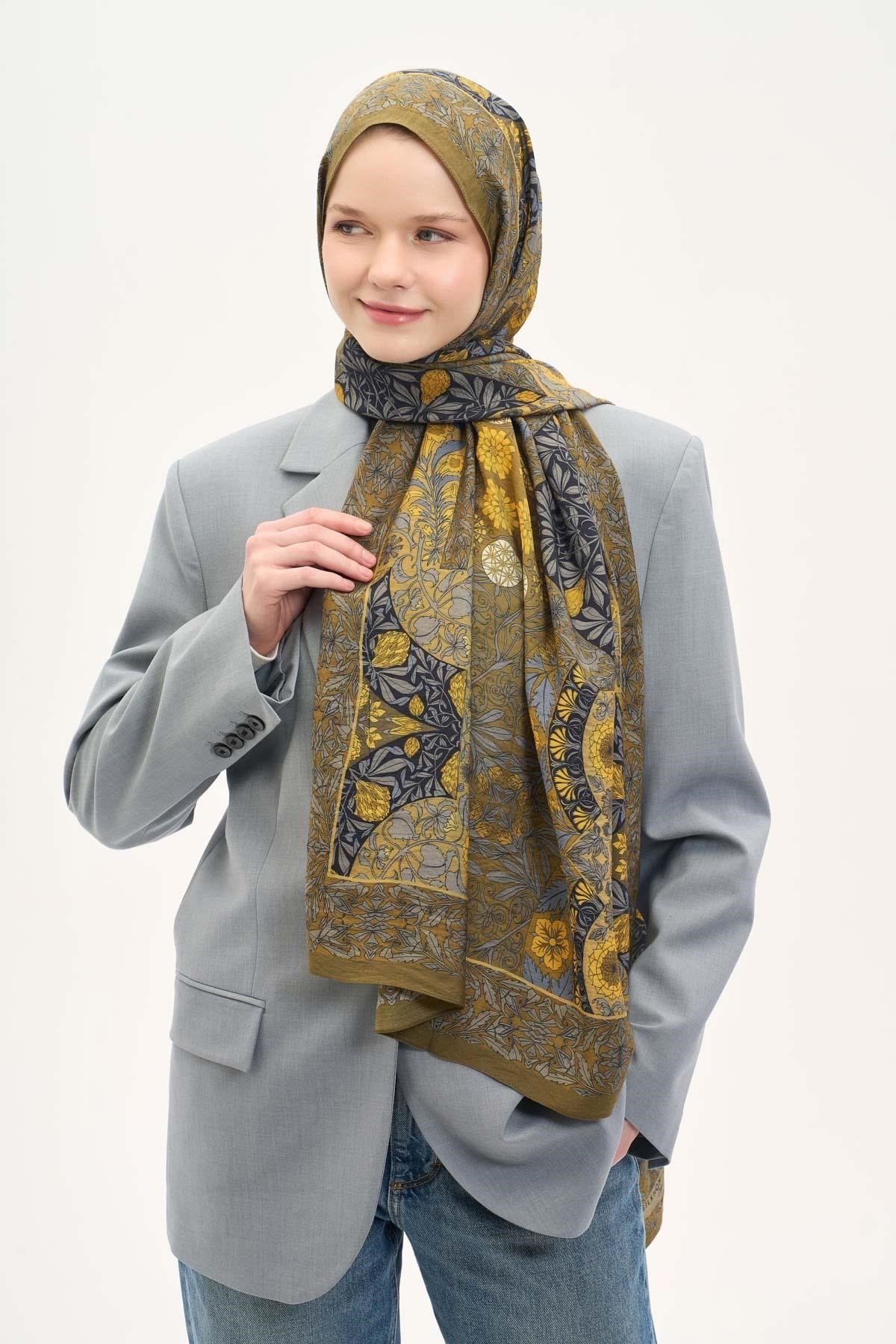 Urban Hours Floral Motif Desen Olive Mayda Şal 190x70