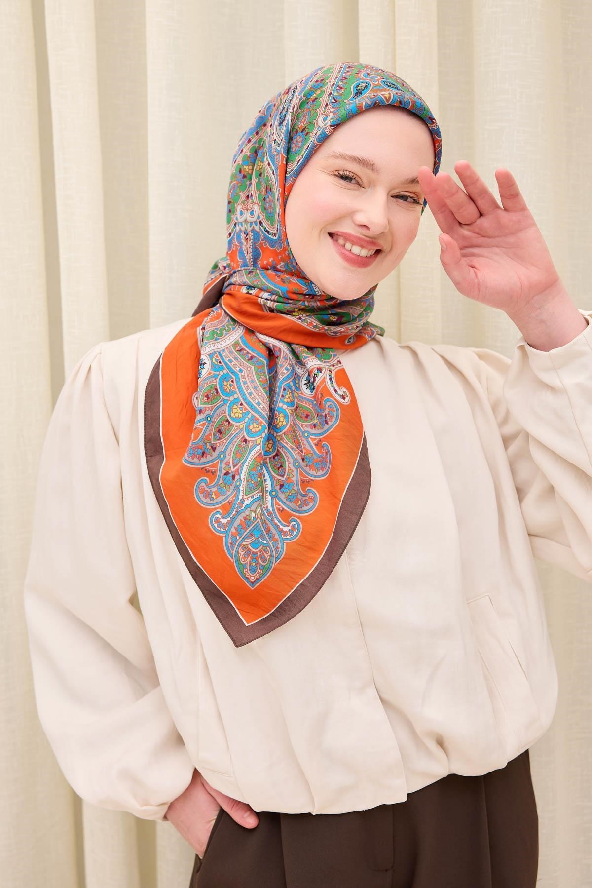 Velora Eşarp Ethnic Parlak Turuncu 90x90