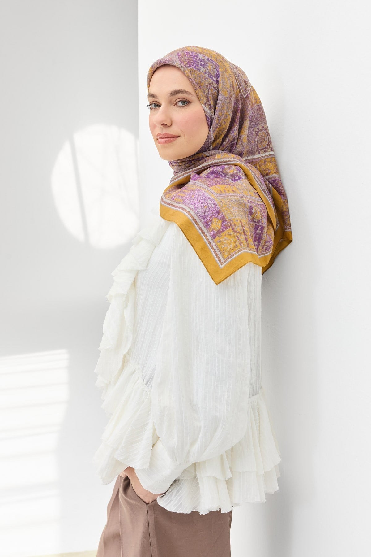 Velora Eşarp Etnik Desen Hardal Sarısı 90x90