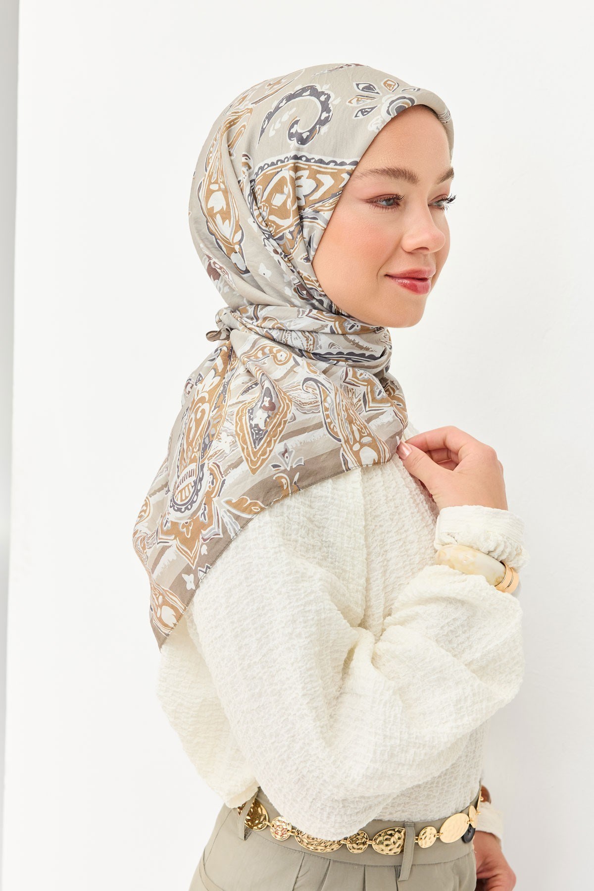 Velora Eşarp Şal Desen Gri 90x90