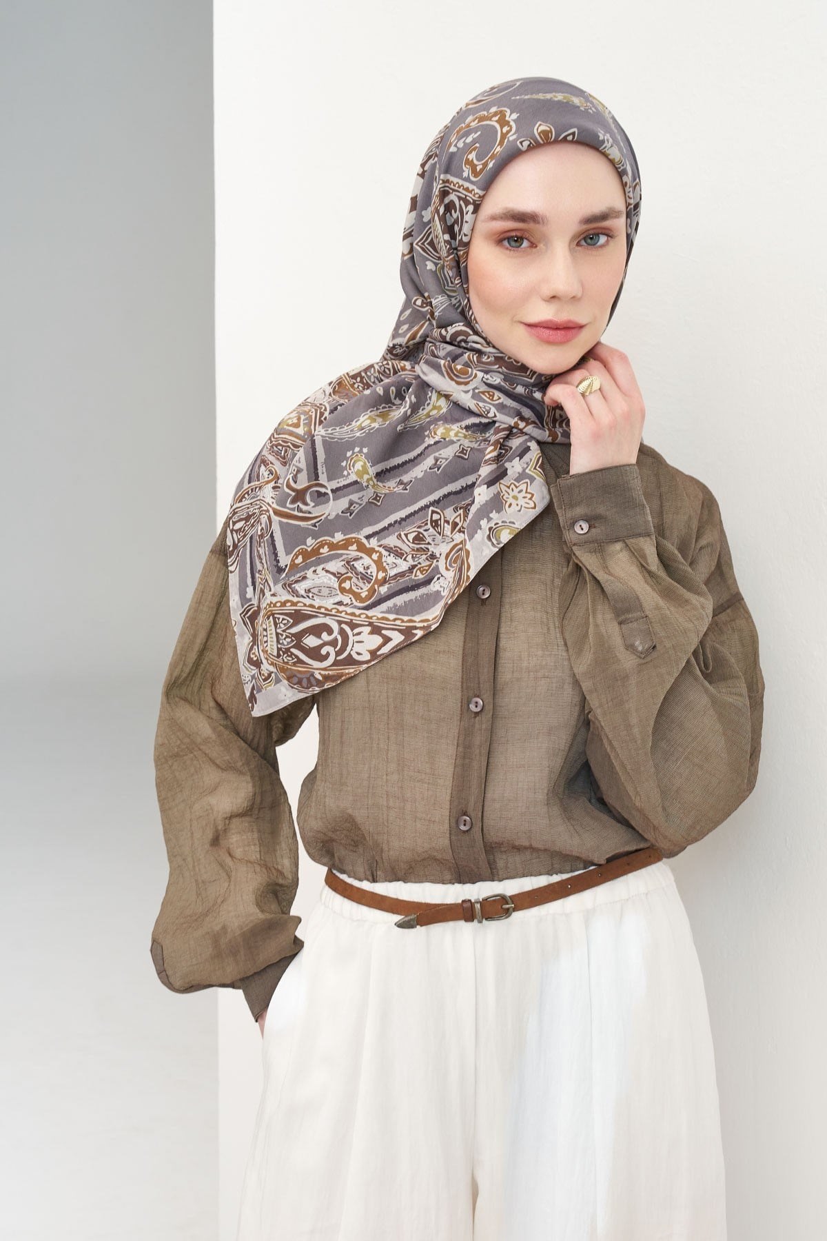 Velora Eşarp Şal Desen Koyu Gri 90x90