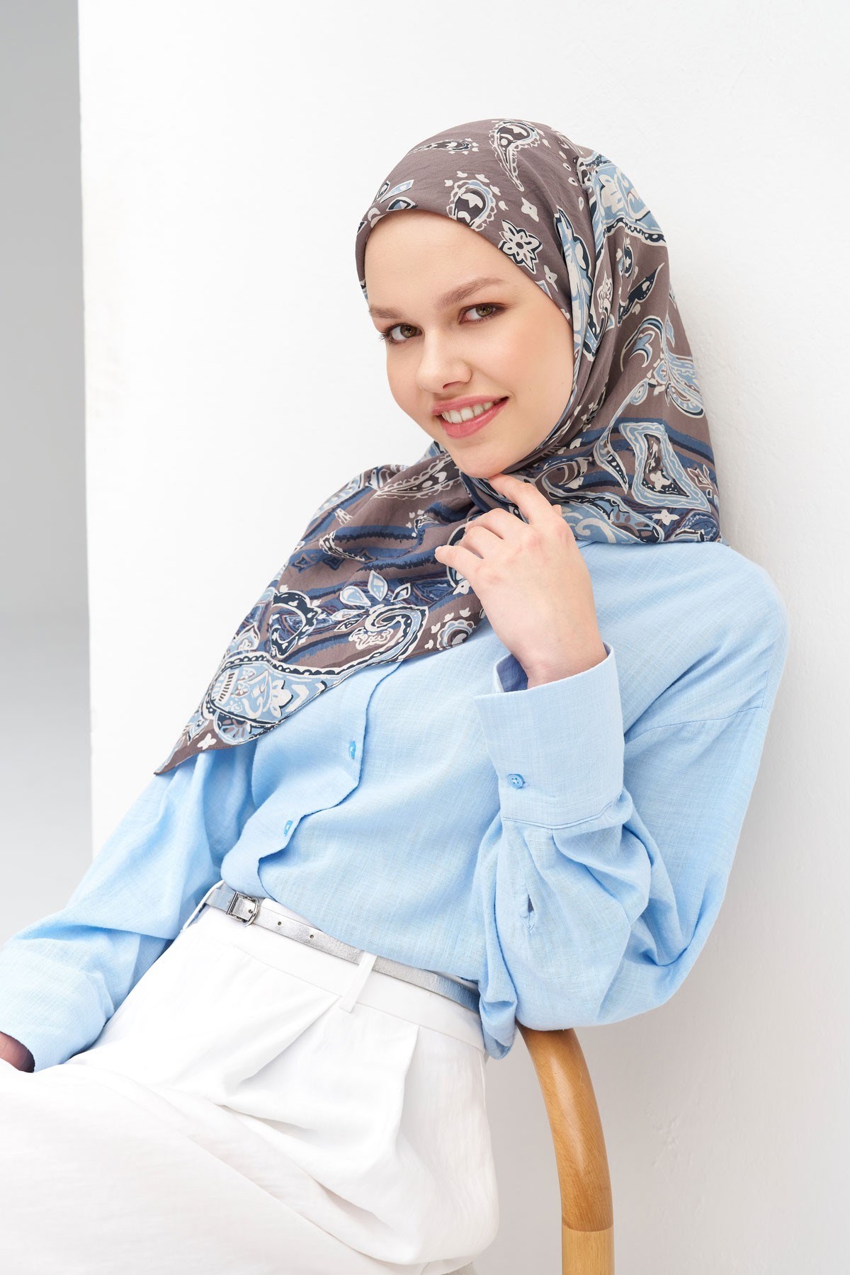 Velora Eşarp Şal Desen Koyu Vizon 90x90