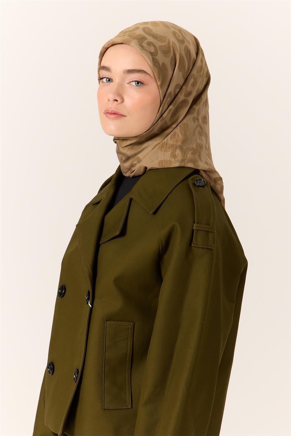Viskon Karışımlı Velora Eşarp Haki-Vizon Desenli İnce Dokulu Dökümlü 90x90