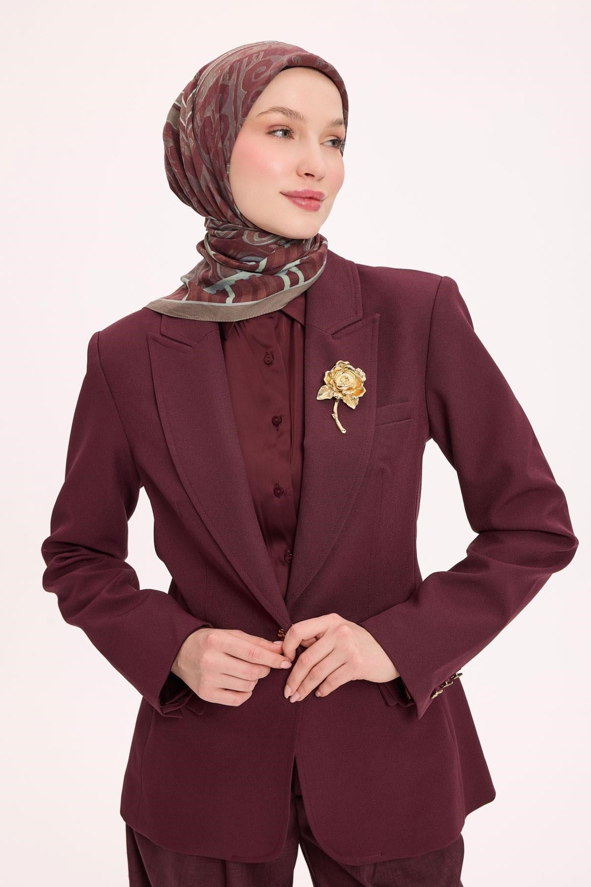 Viskon Velora Eşarp Dört Mevsim Antik Motif Desen Kiremit Bordo 90X90