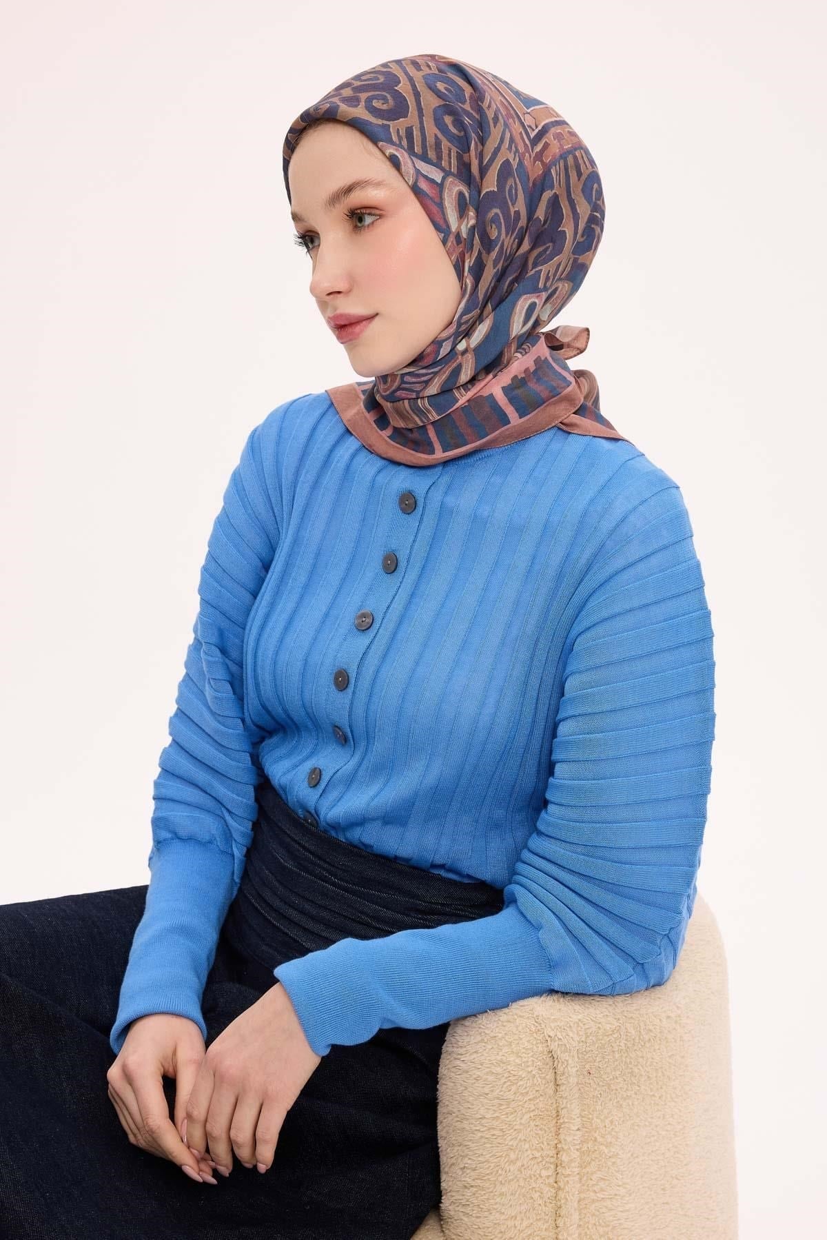 Viskon Velora Eşarp Dört Mevsim Antik Motif Desen Indigo 90X90