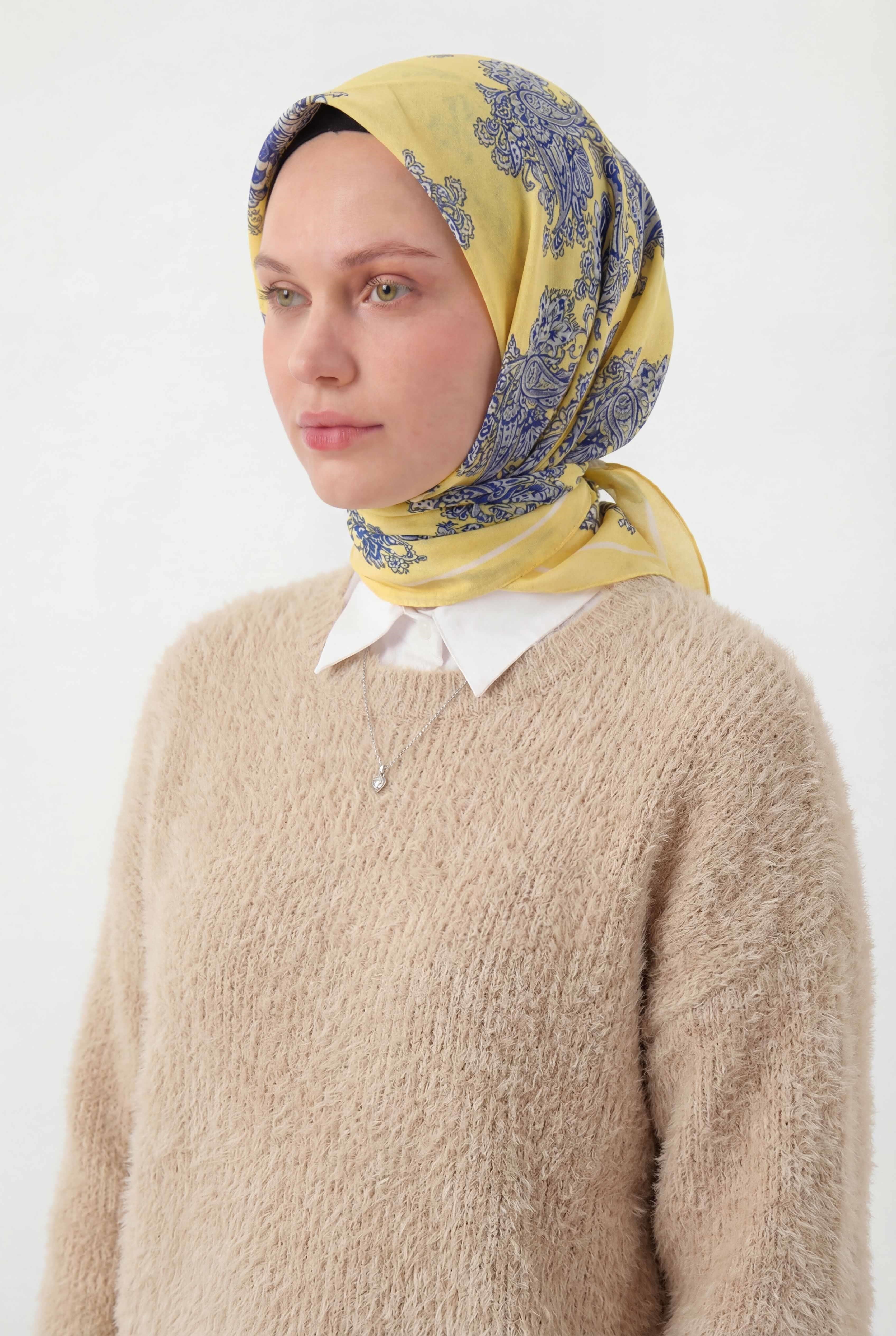 Viskon Velora Eşarp Dört Mevsim Barok Floral Desen Limon 90X90