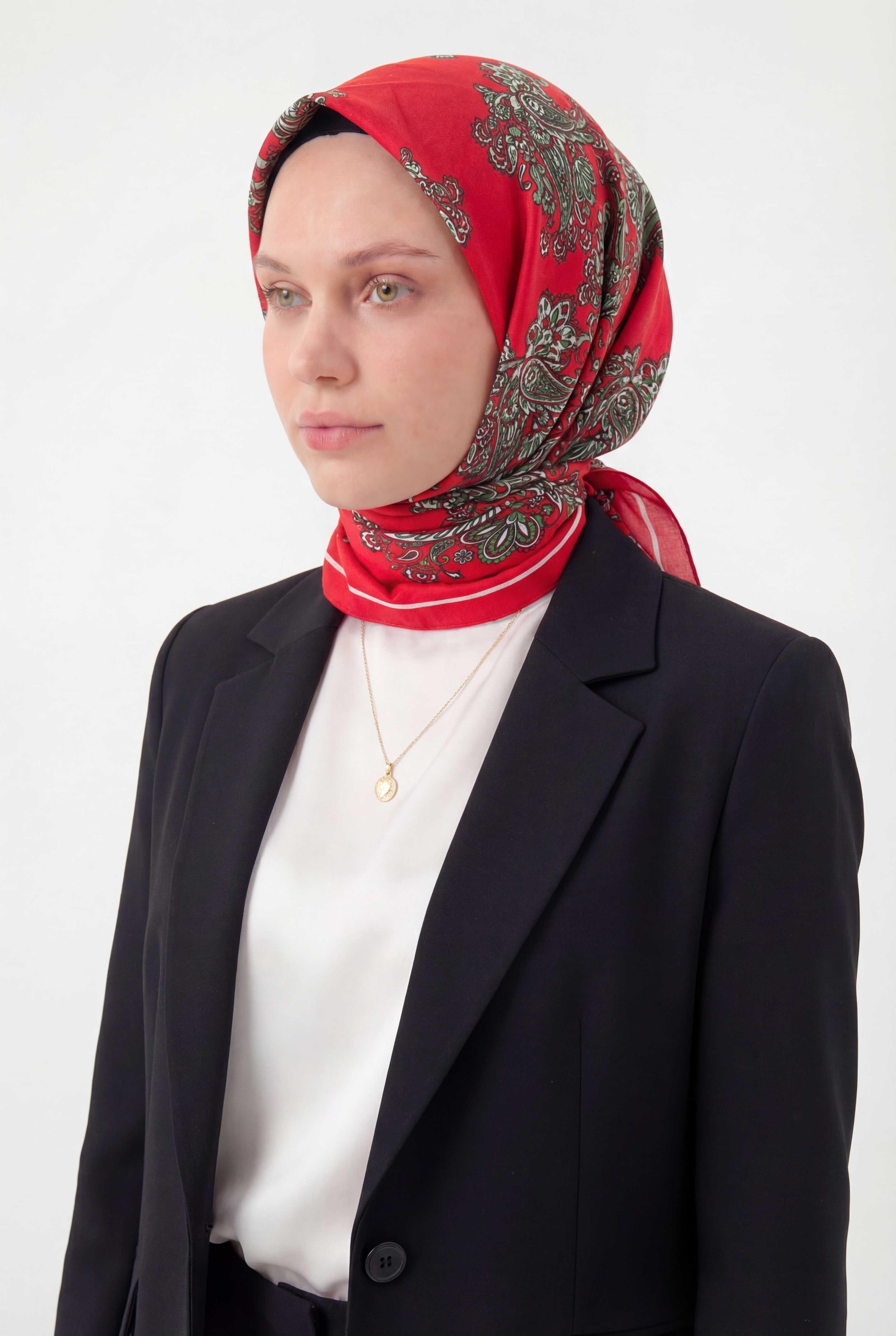 Viskon Velora Eşarp Dört Mevsim Barok Floral Desen Bayrak Kırmızısı 90X90