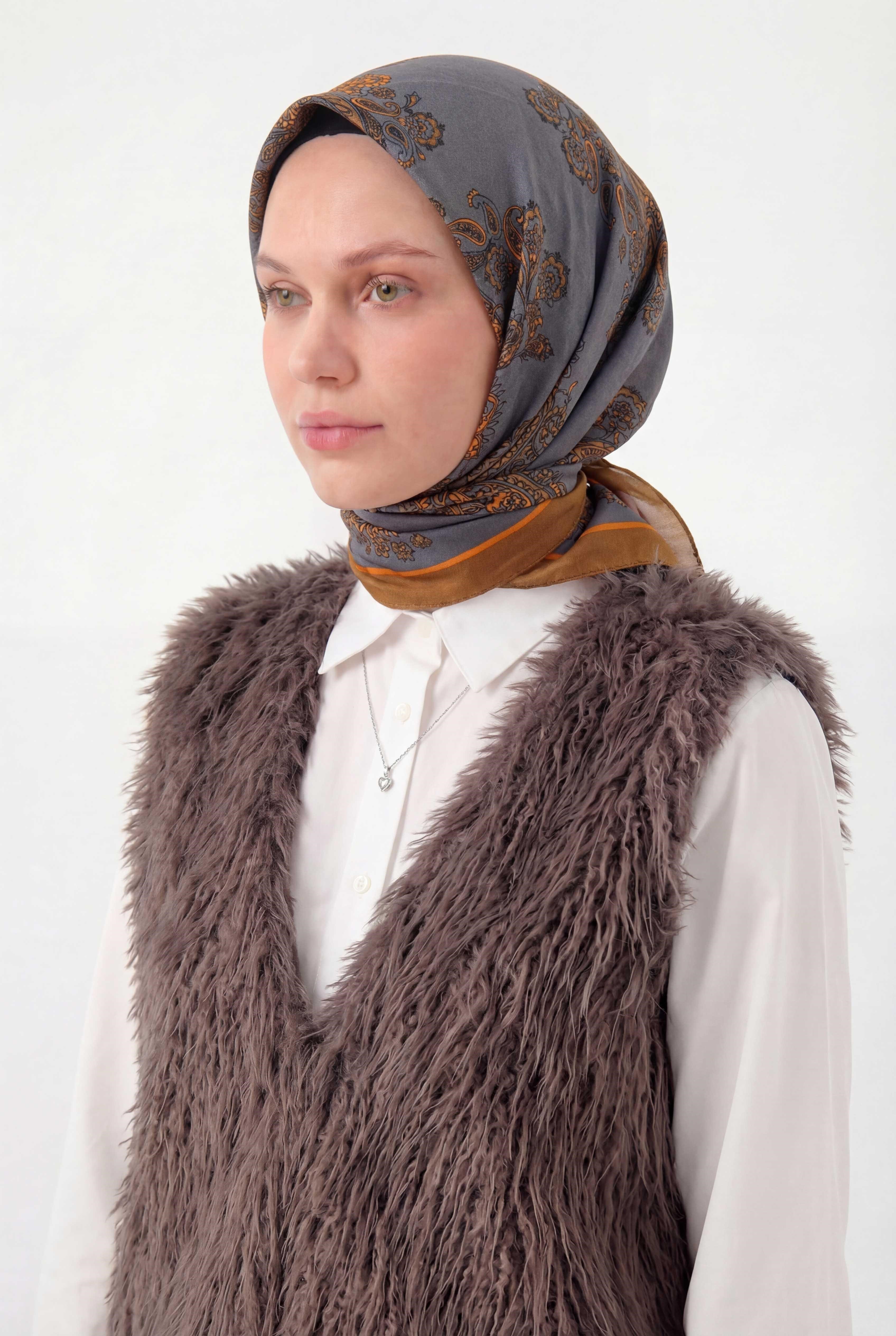 Viskon Velora Eşarp Dört Mevsim Barok Floral Desen Gri 90X90