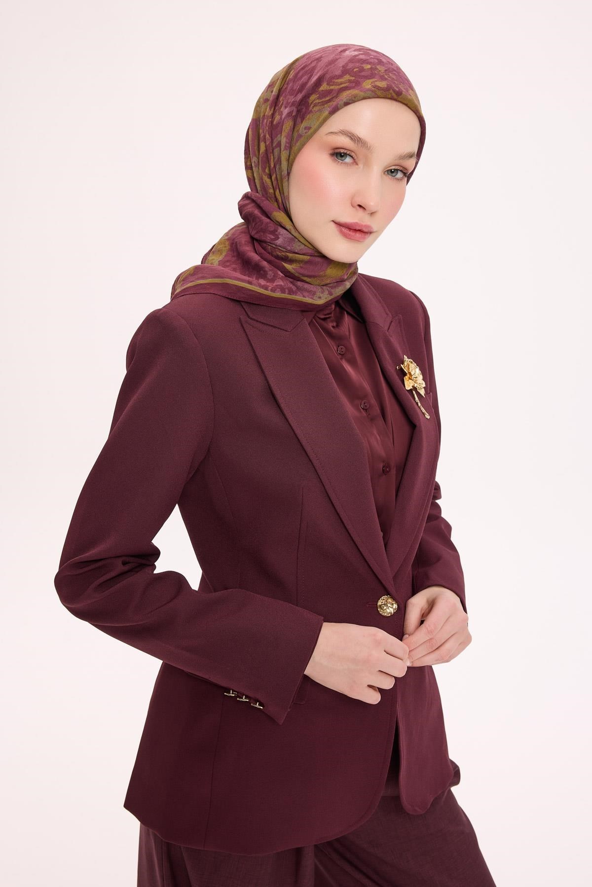 Viskon Velora Eşarp Dört Mevsim Dalga İzi Desen Gül Kurusu 90X90