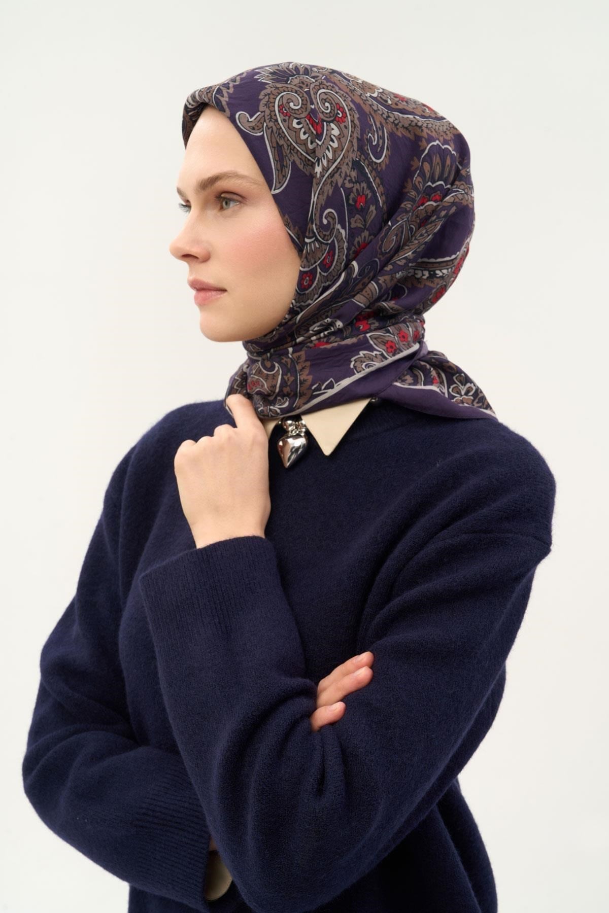 Viskon Velora Eşarp Dört Mevsim Etro Desen Mor 90X90