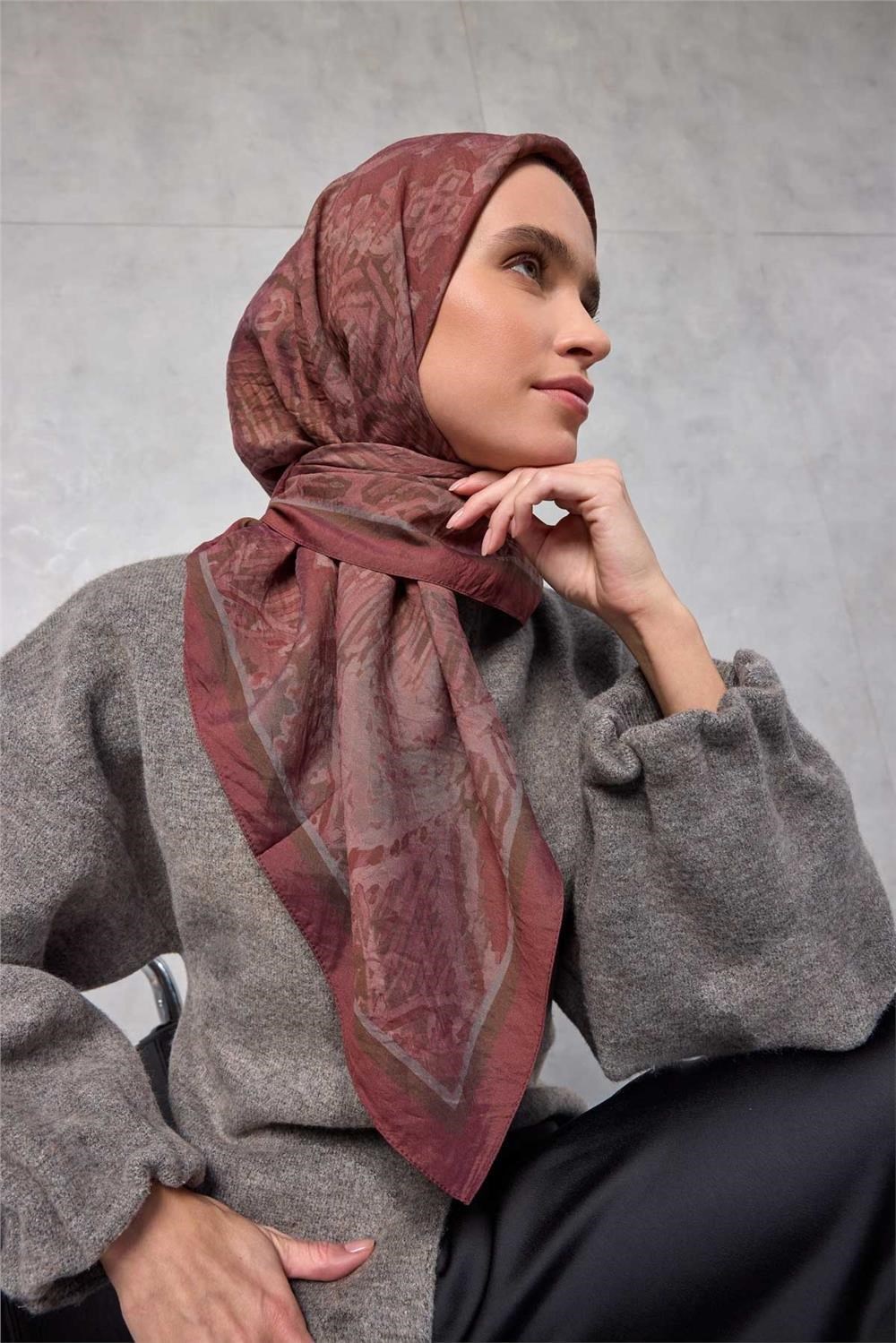 Viskon Velora Eşarp Dört Mevsim Karma Desen Kiremit Bordo 90x90